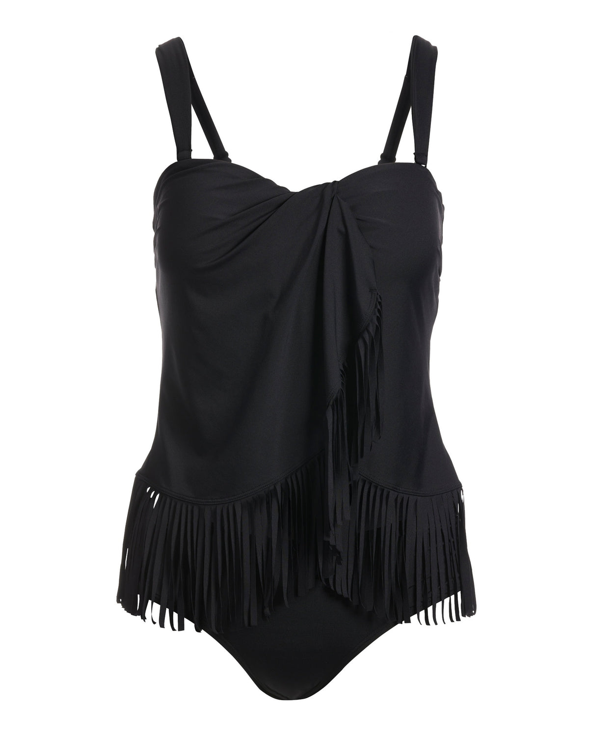 Fringe Bandeau Tankini Swimsuit Black