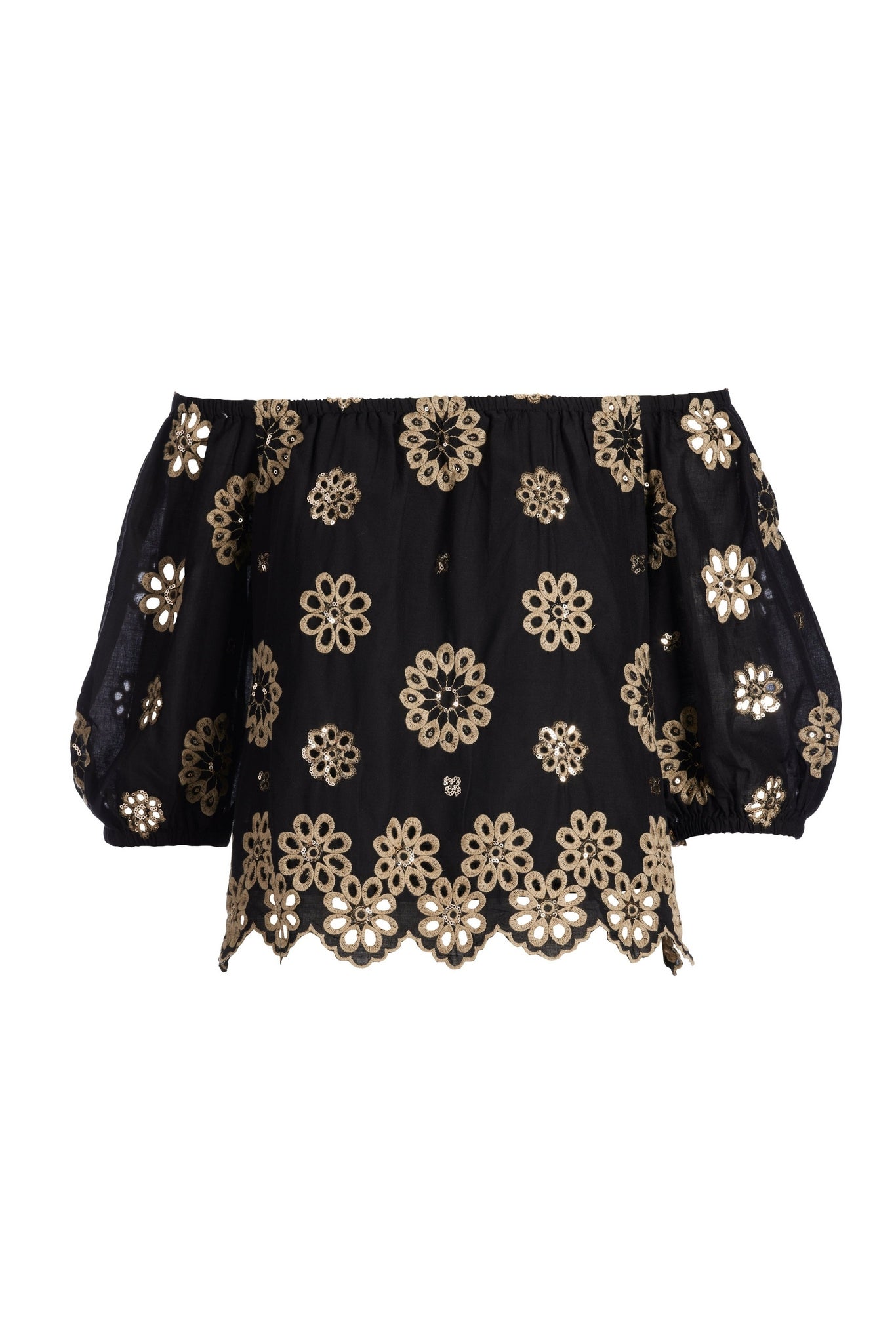 Embroidered Sequin Scallop Hem Blouse Black Multi