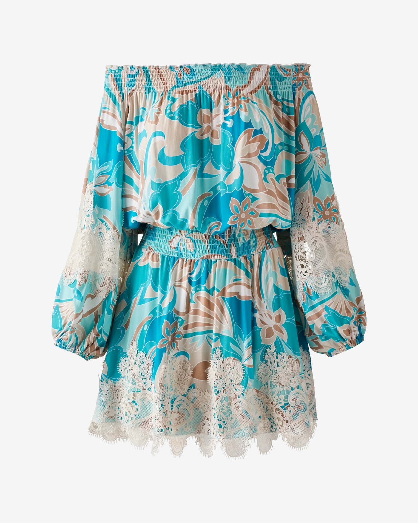 Off The Shoulder Printed Lace Trim Dress Agua Abstract