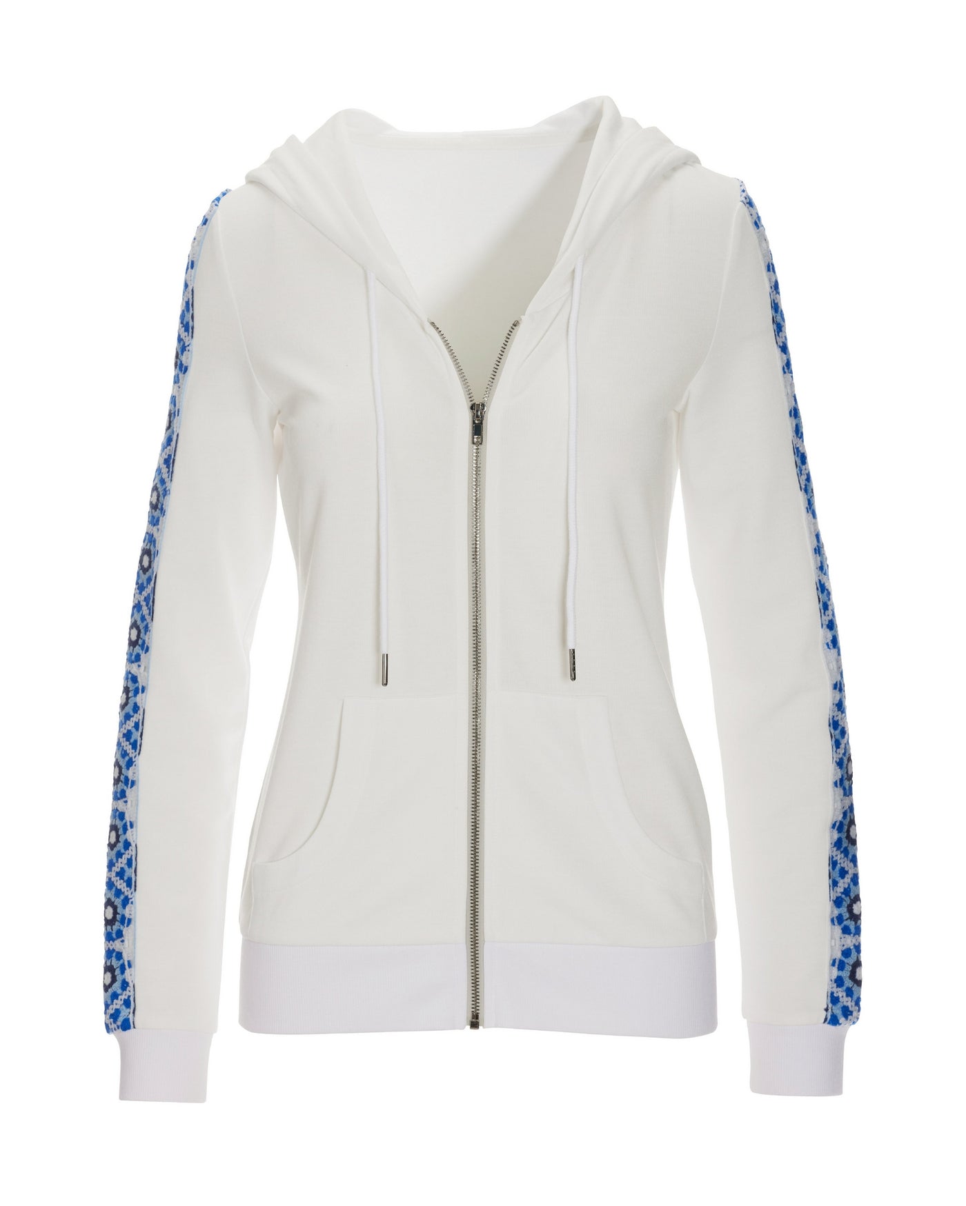 Crochet-Inset Zip-Up Hooded Jacket Off White Multi