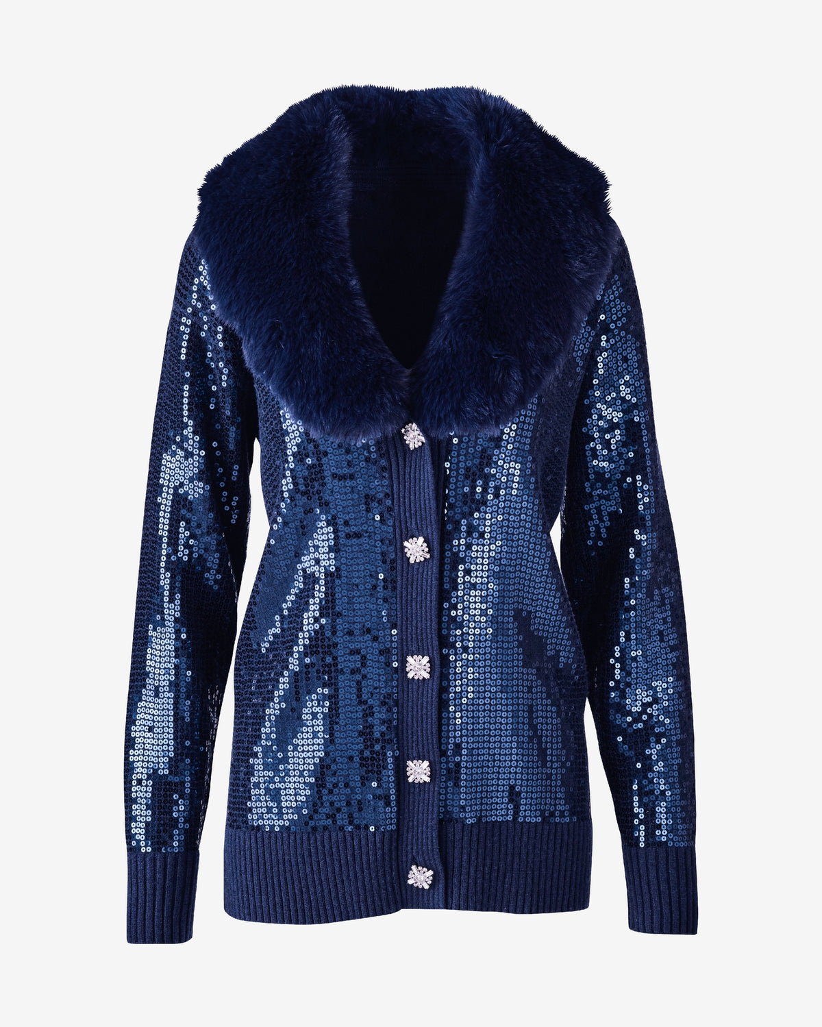 Sequin Embellished Faux Fur Collar Cardigan Navy