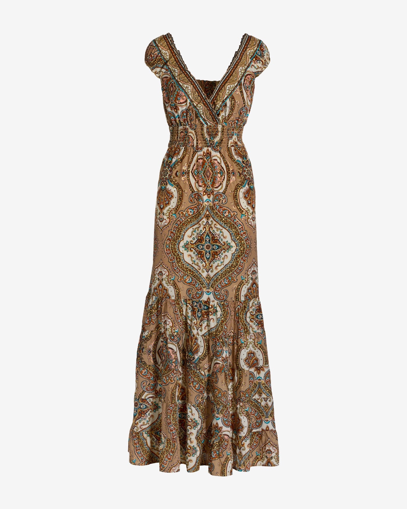 Foil Metallic Print Tiered Maxi Dress Festive Medallion
