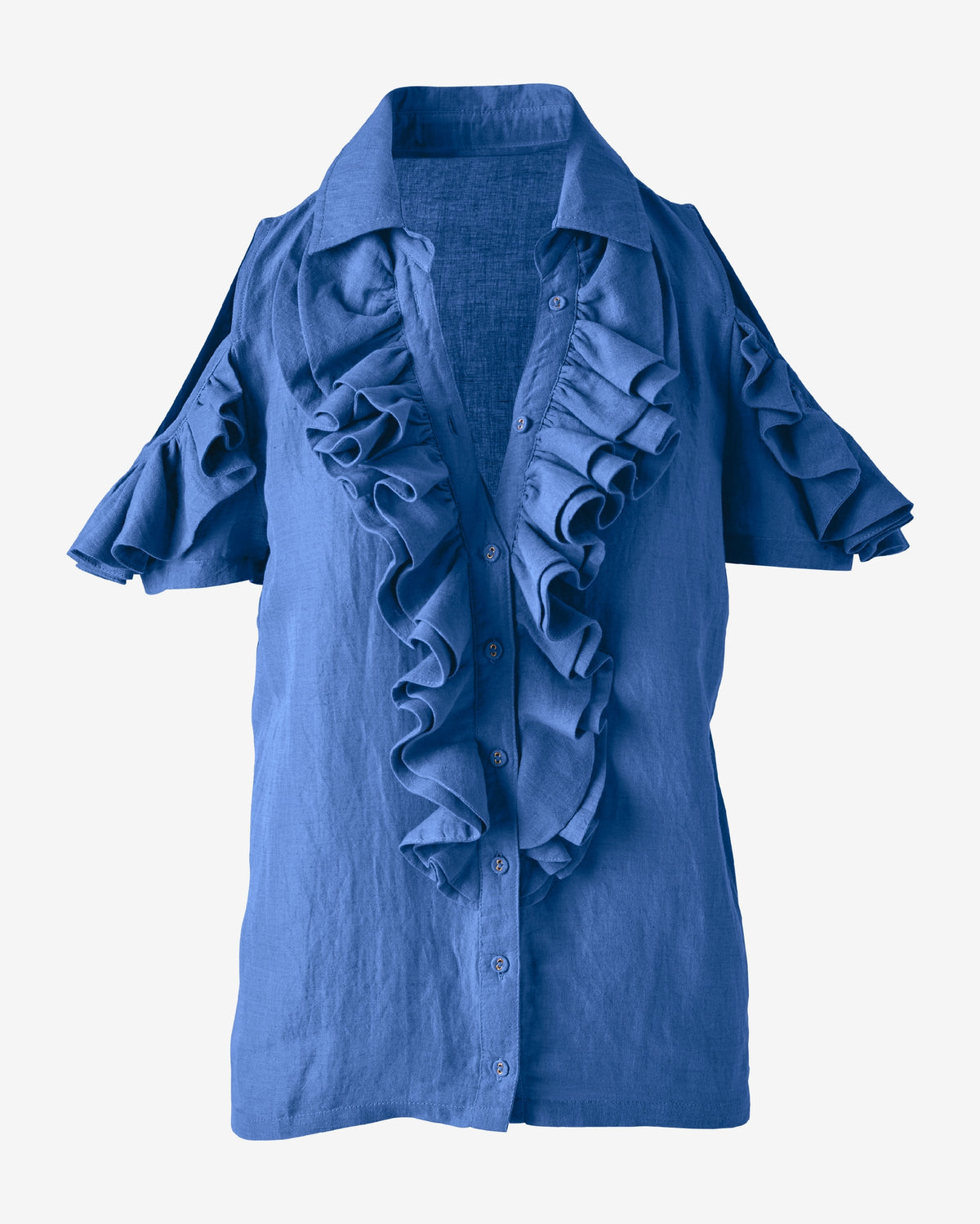 Linen Ruffle Cold Shoulder Collared Blouse Blue