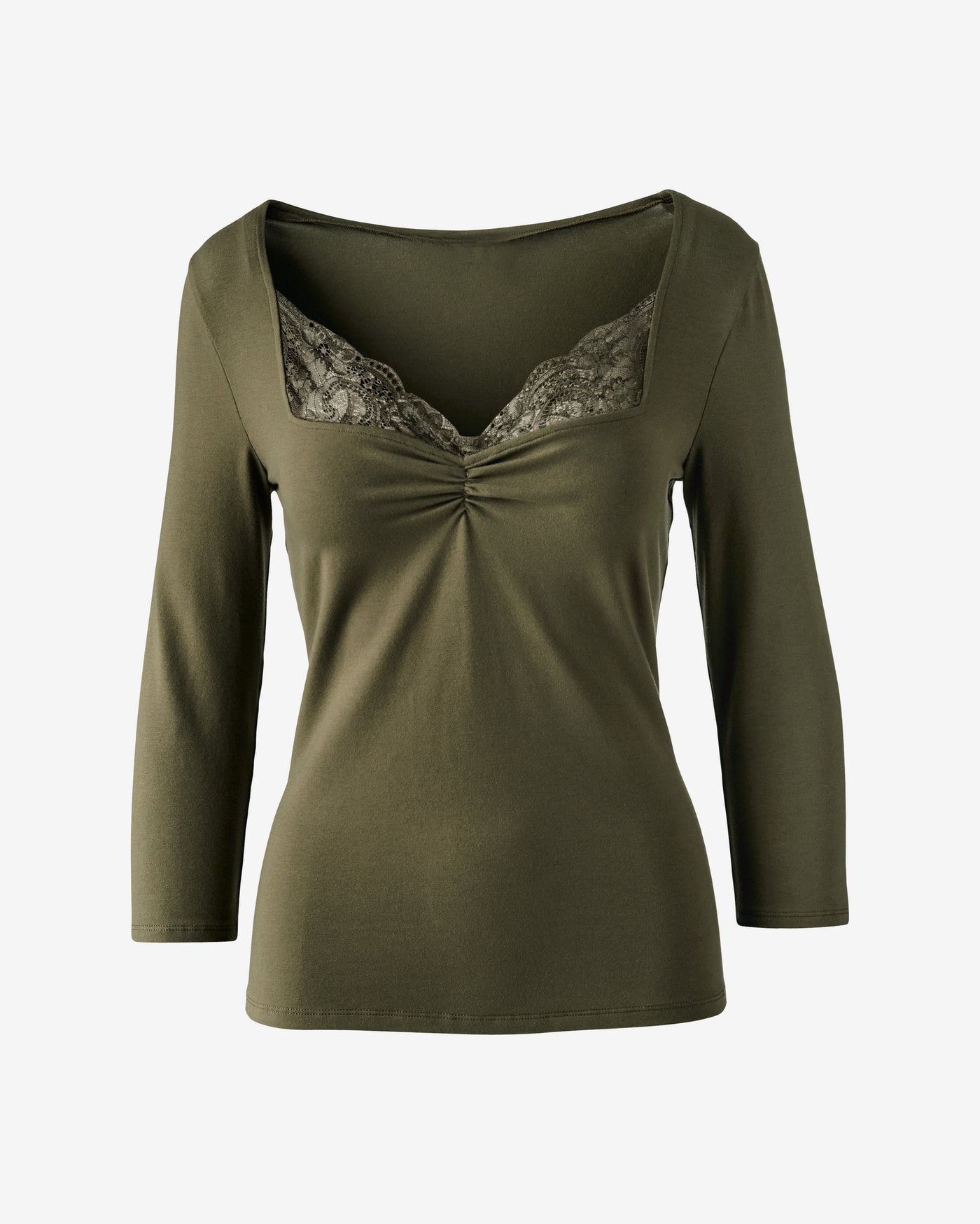 Lace Trimmed Knit Three Quarter Sleeve Olive Night