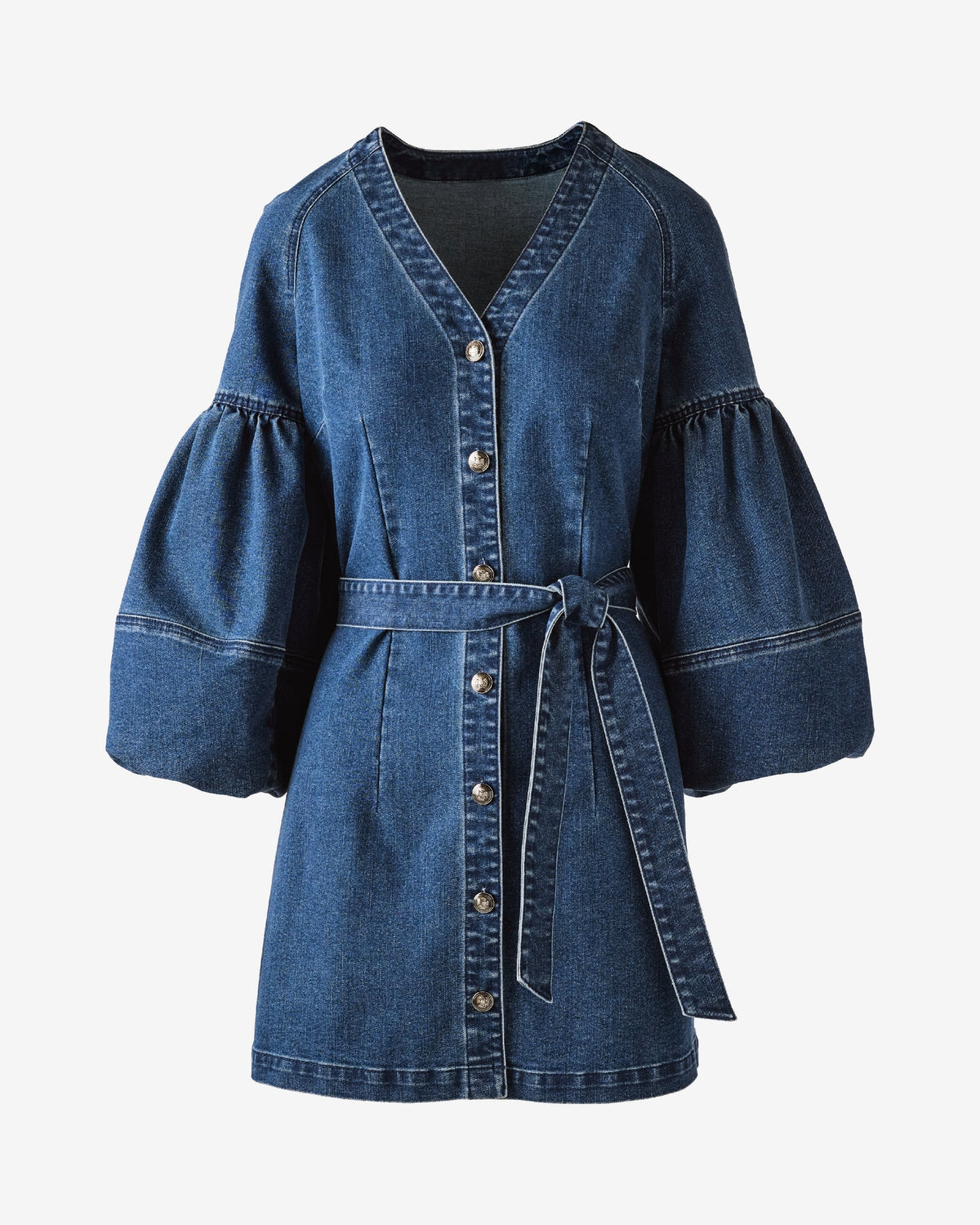 Belted Denim Balloon Sleeve Dress Dark Wash