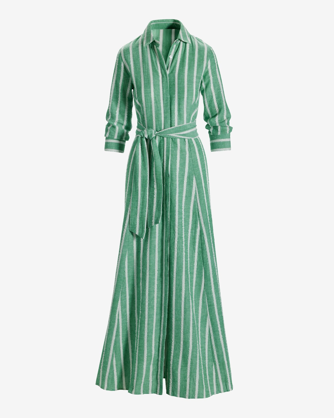 Metallic Stripe Linen Three Quarter Sleeve Maxi Shirt Dress Green/White