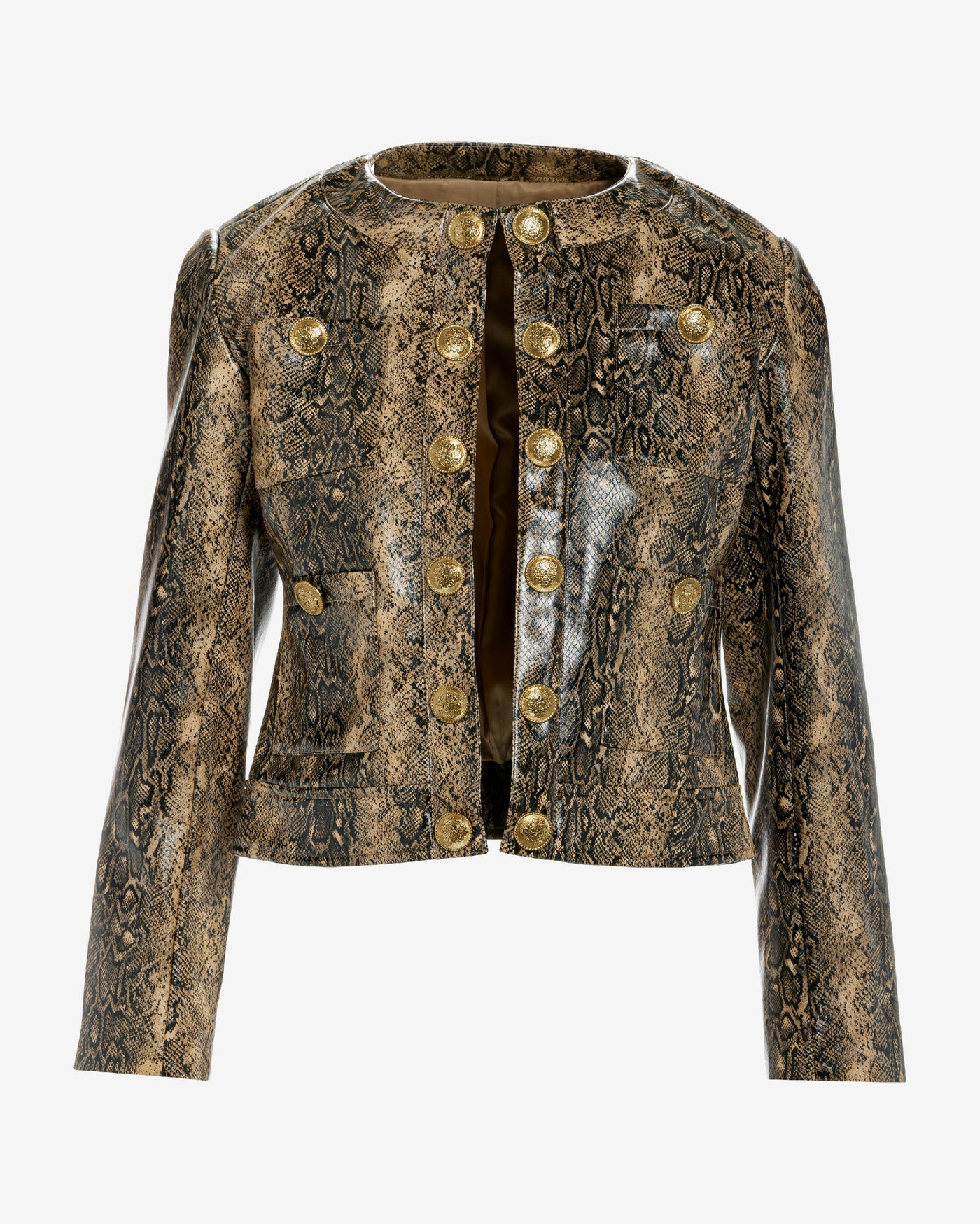 Python Print Crest Button Faux Leather Jacket Brown Multi