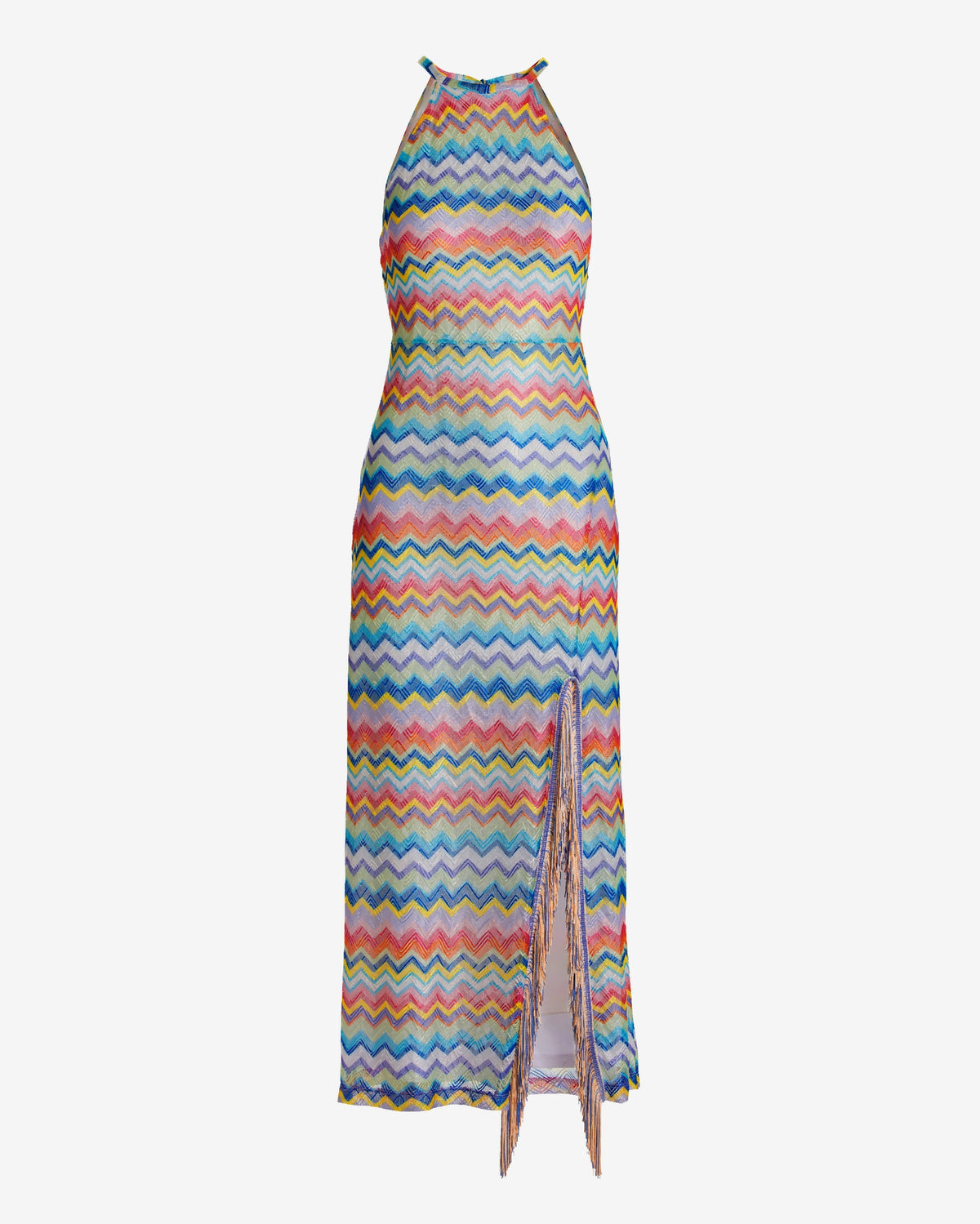 Multi Color Chevron Halter Two Tone Fringe Maxi Dress Multi