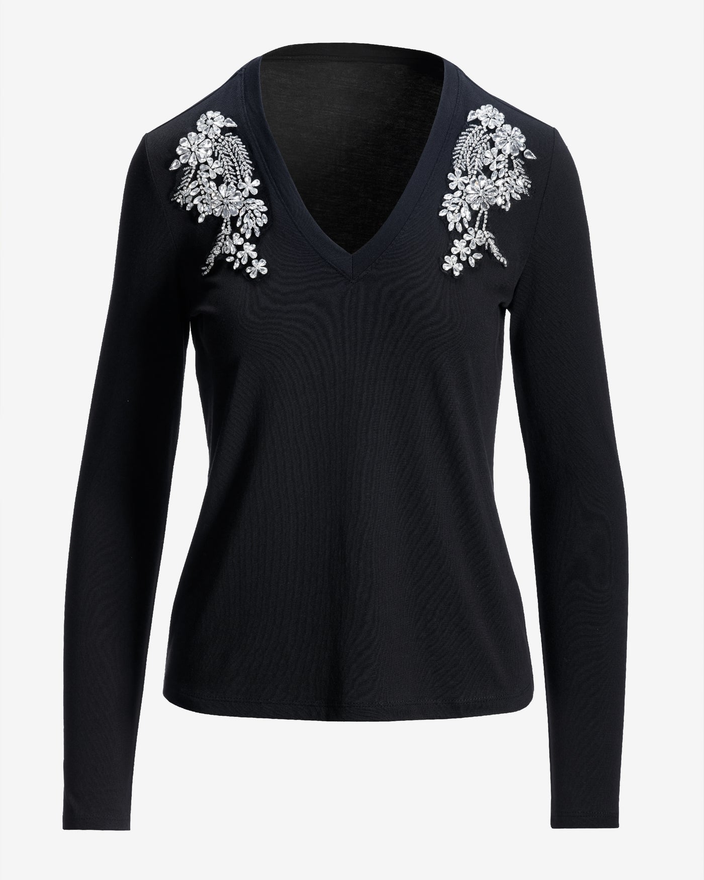 Rhinestone Long Sleeve V Neck Knit Top Proper Black