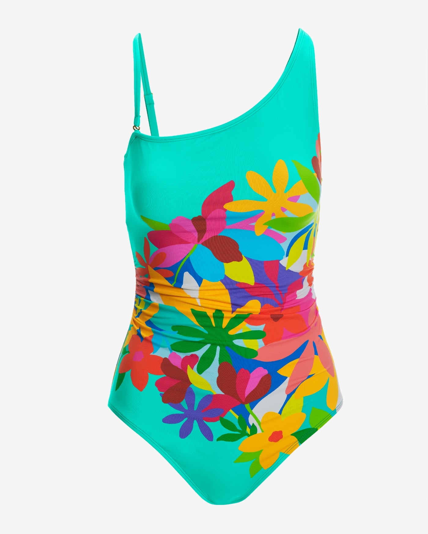 Placed Tropical One Shoulder One Piece Turquoise