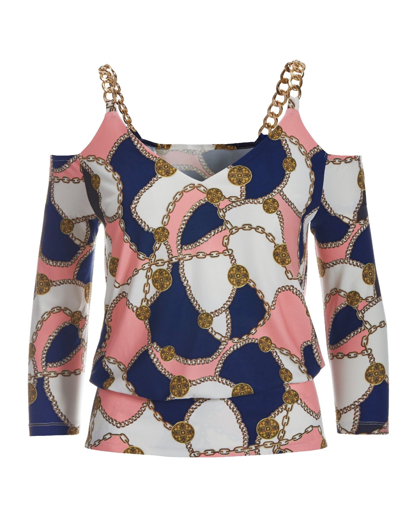 Status Chain Blouson Knit Top Pink Icing/Navy