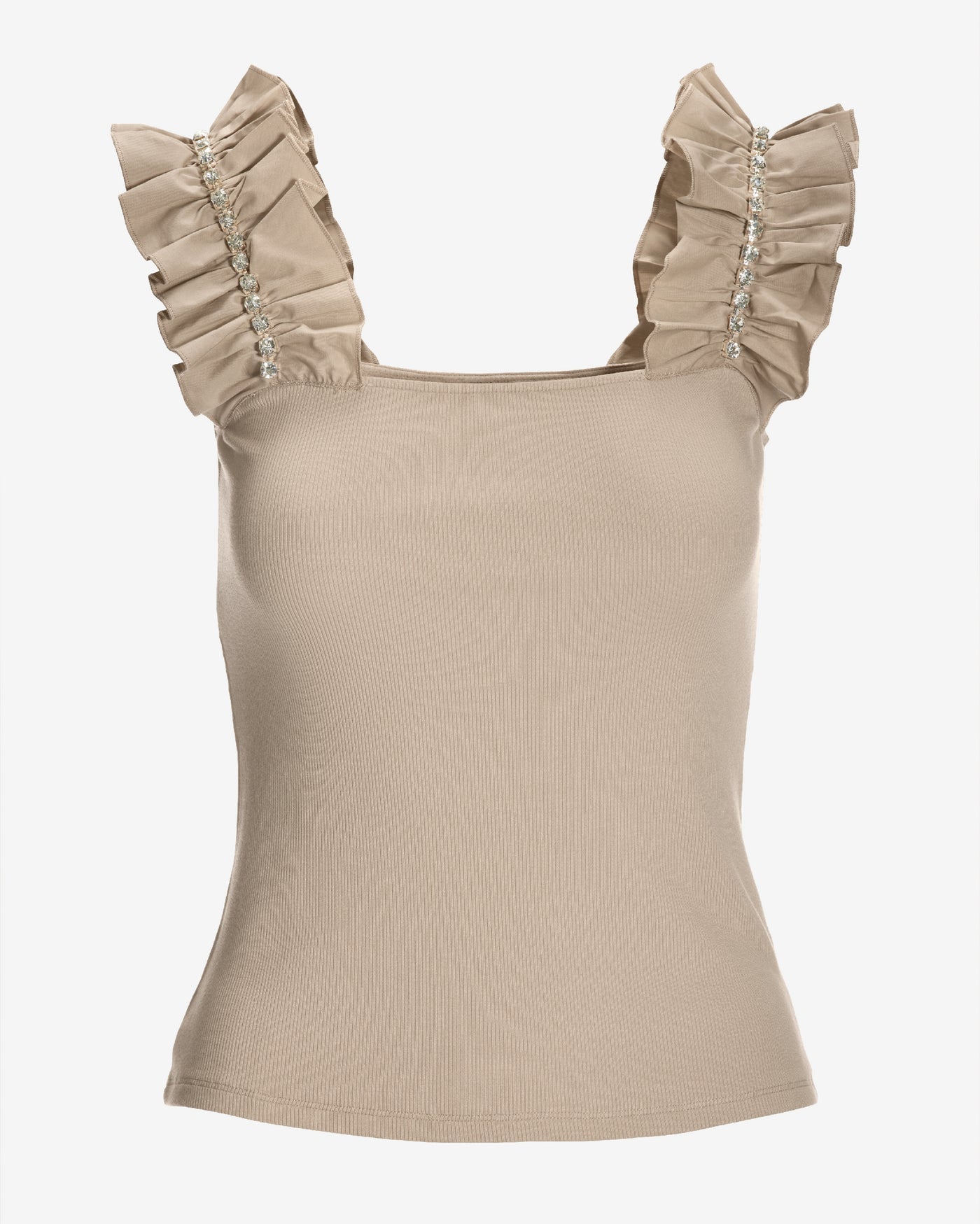 Rhinestone Ruffle Sleeve Tank Top Sand