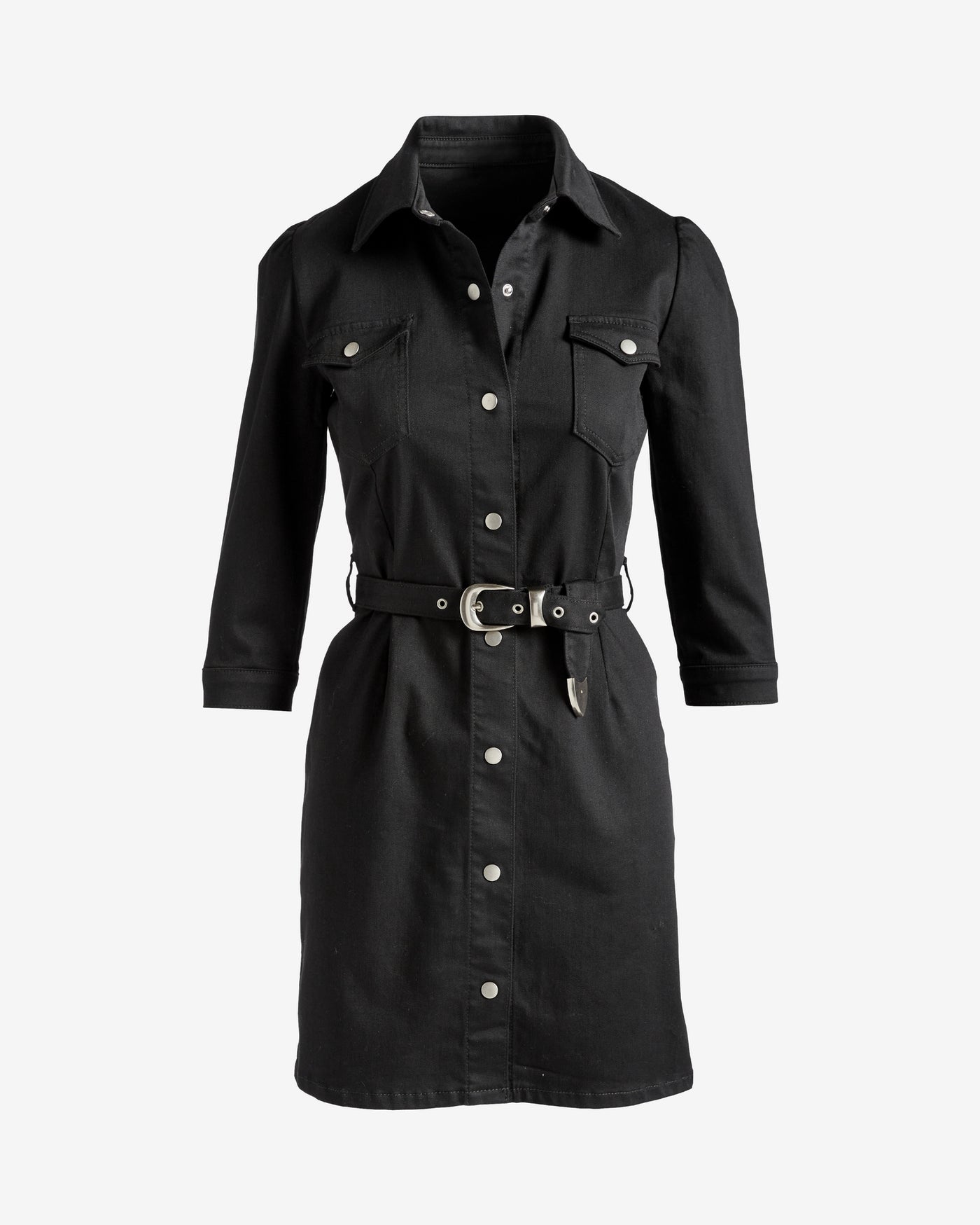 Three Quarter Sleeve Belted Denim Shirt Dress Black
