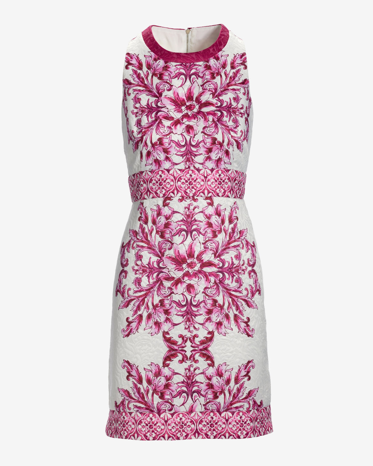 Tile Print Textured Jacquard Sheath Dress Pink Multi