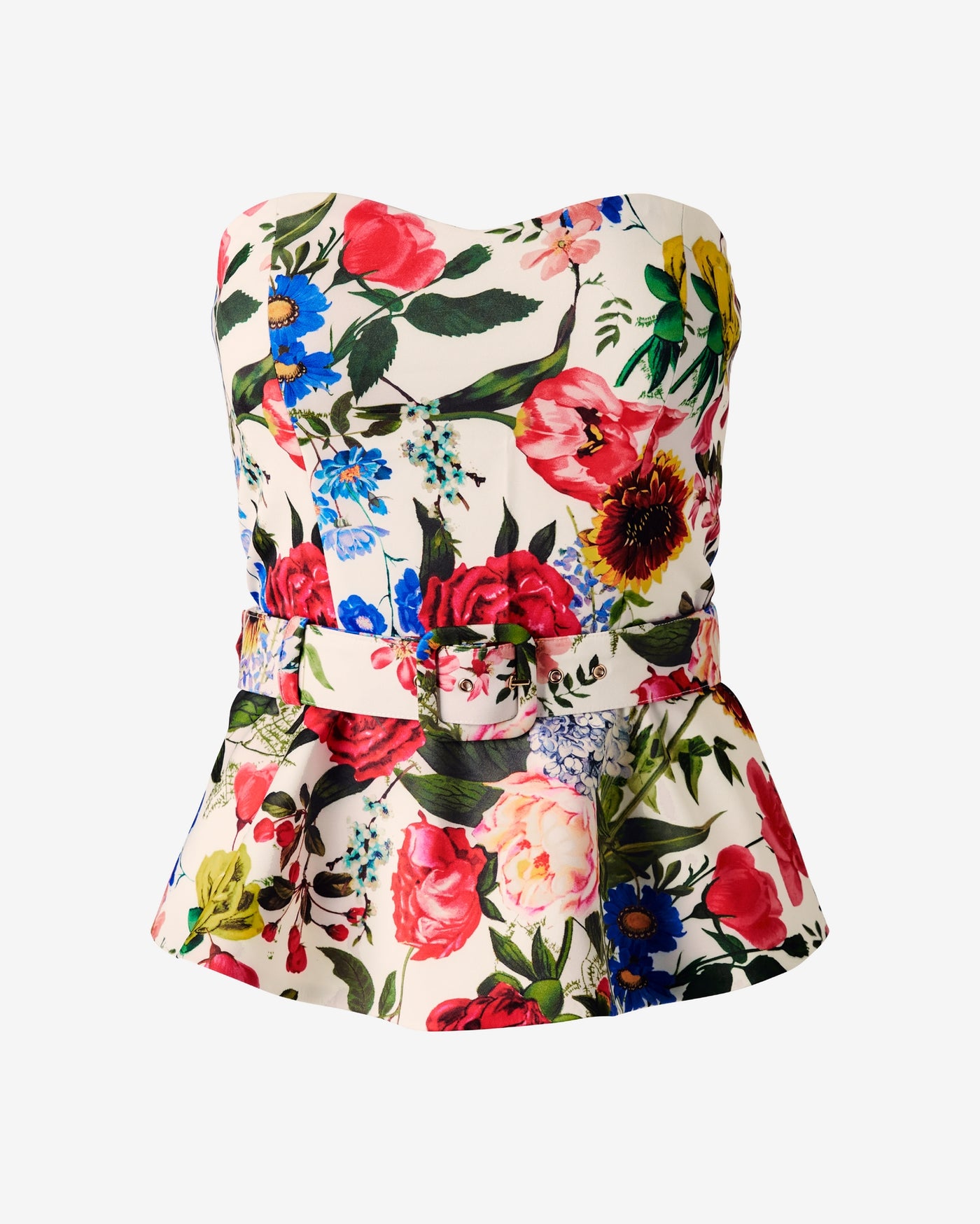 Printed Strapless Belted Peplum Top Florence Garden