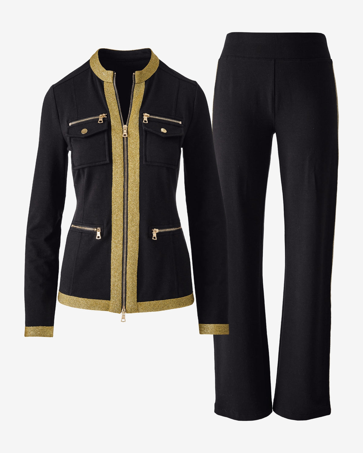 Metallic Chic Zippered Sport Coordinate Set Black/Gold