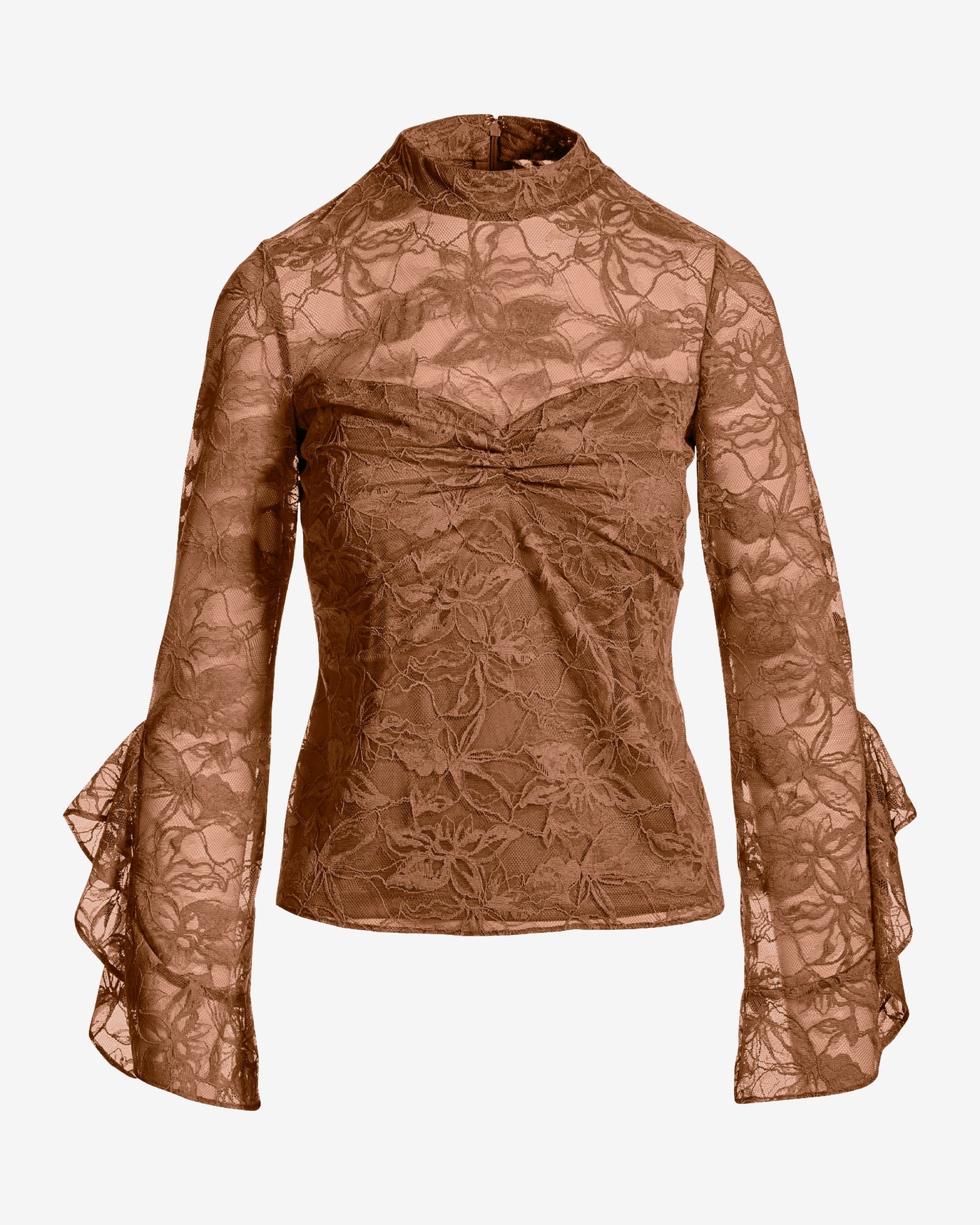 Lace Mock Neck Ruffle Sleeve Blouse Brown