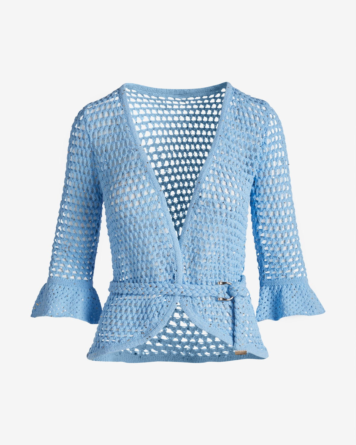 Sequin Crochet Belted Cardigan Airy Blue