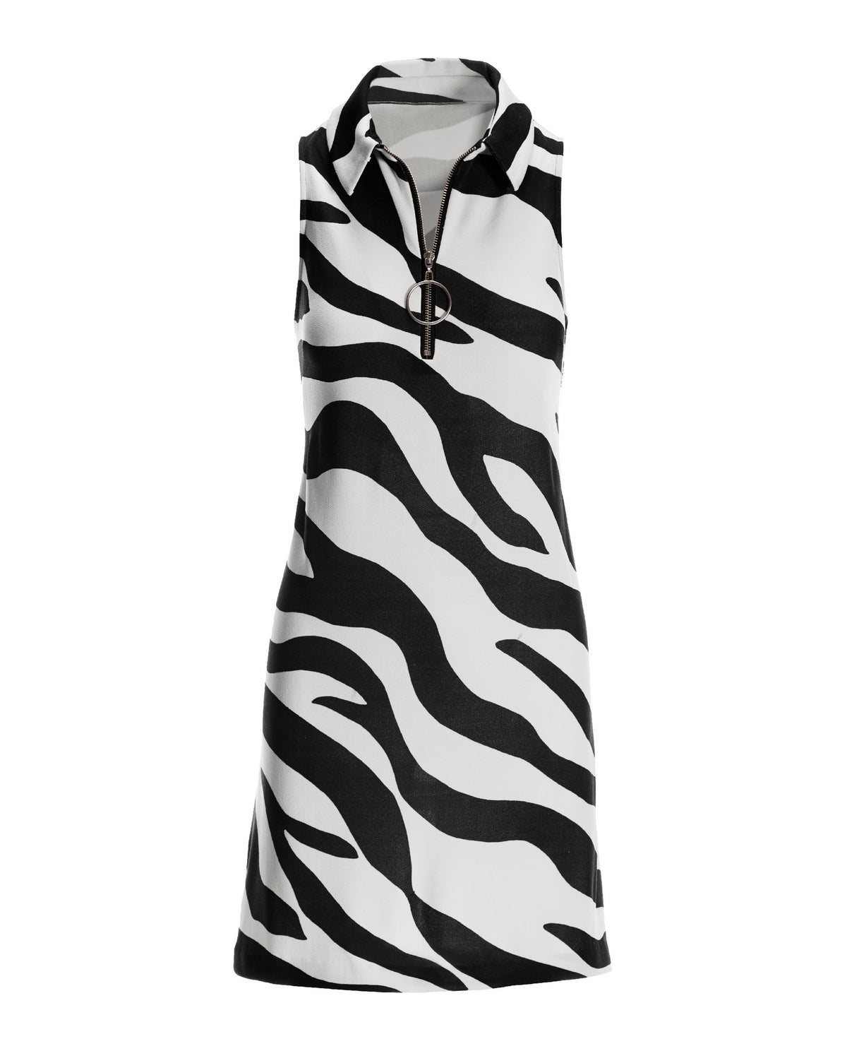 Zebra Print Collared Zip Dress Black/White
