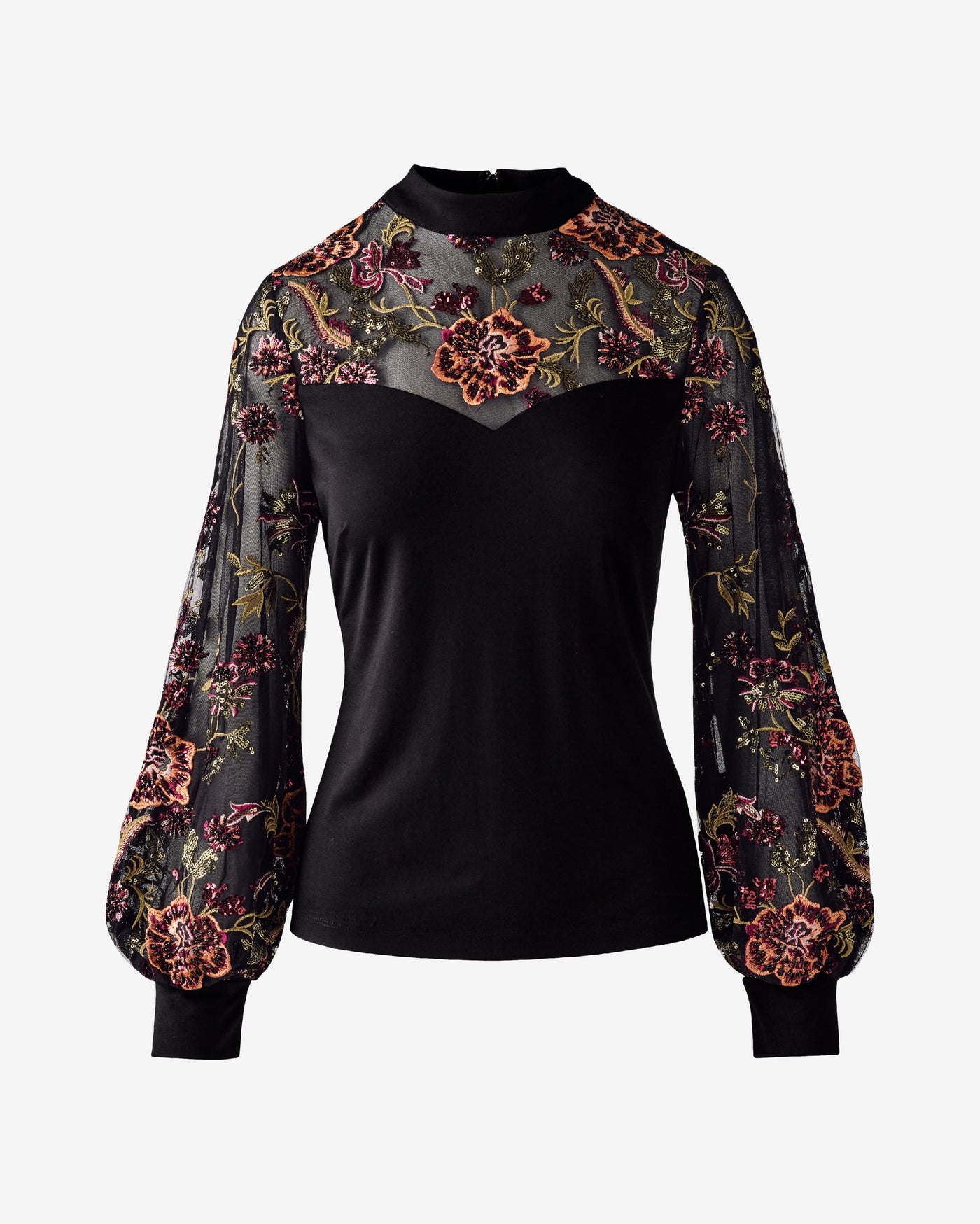 Embroidered Mock Neck Long Sleeve Top Proper Black