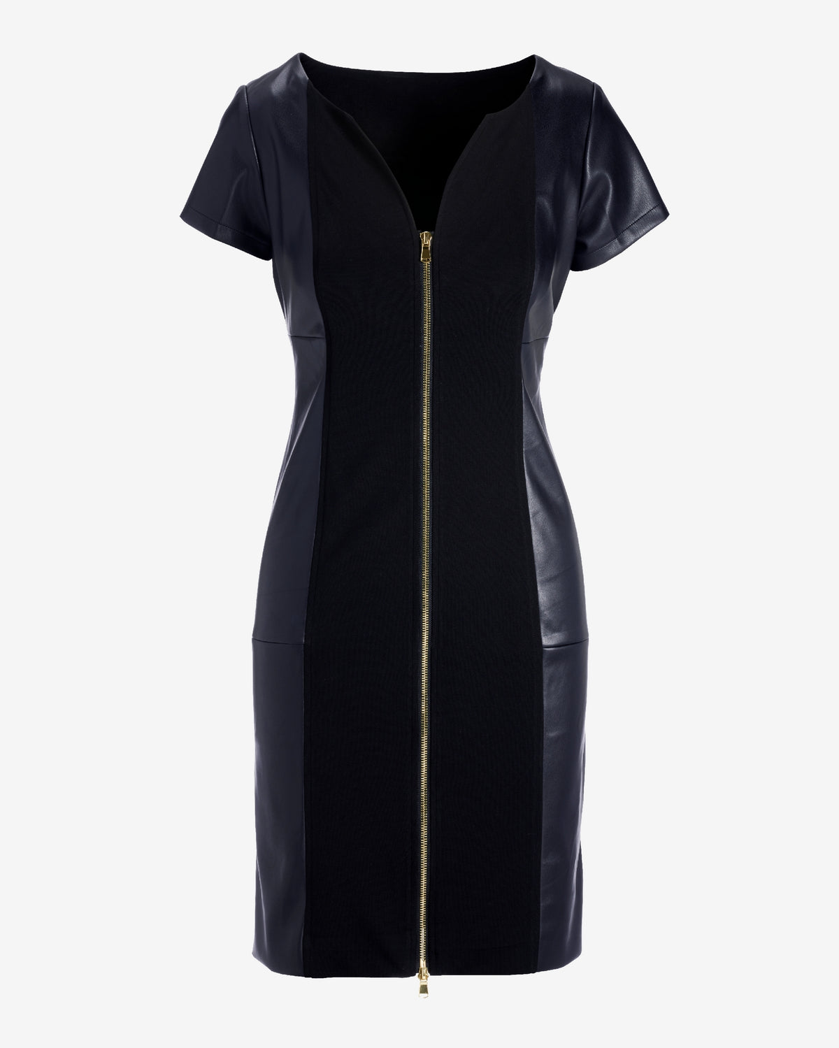 Faux Leather Trim Cap Sleeve Ponte Zip Up Dress Black