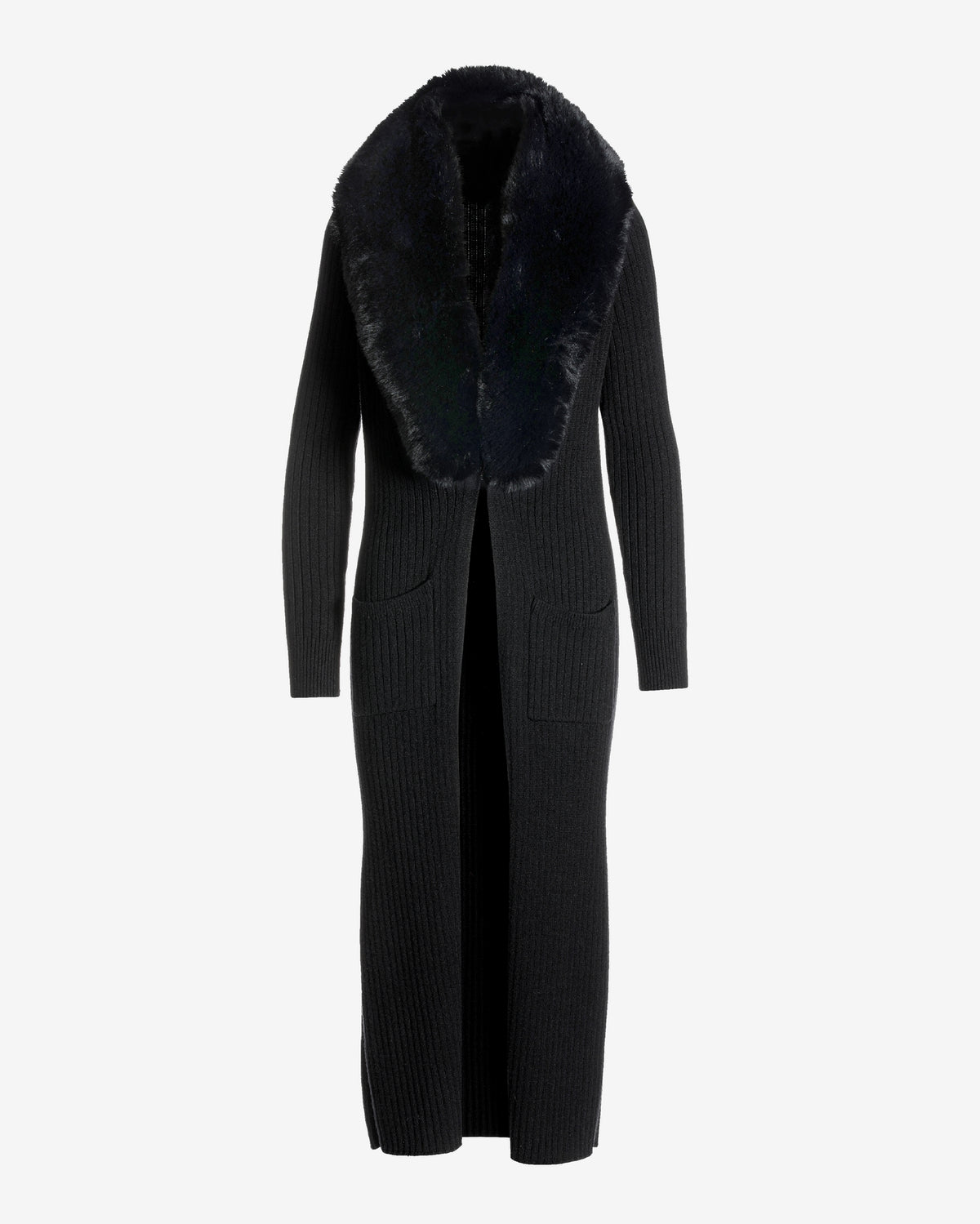 Faux Fur Collar Ribbed Long Cardigan Black/Black