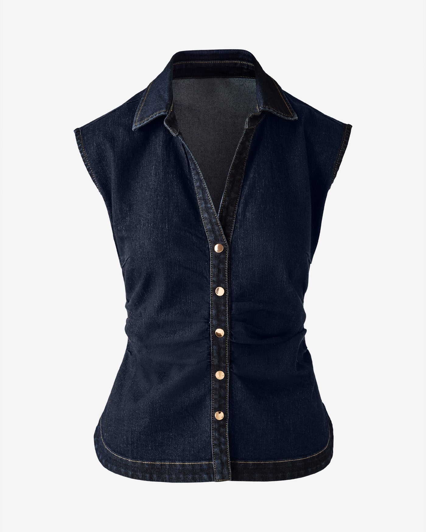 Denim Ruched Cap Sleeve Shirt Dark Rinse