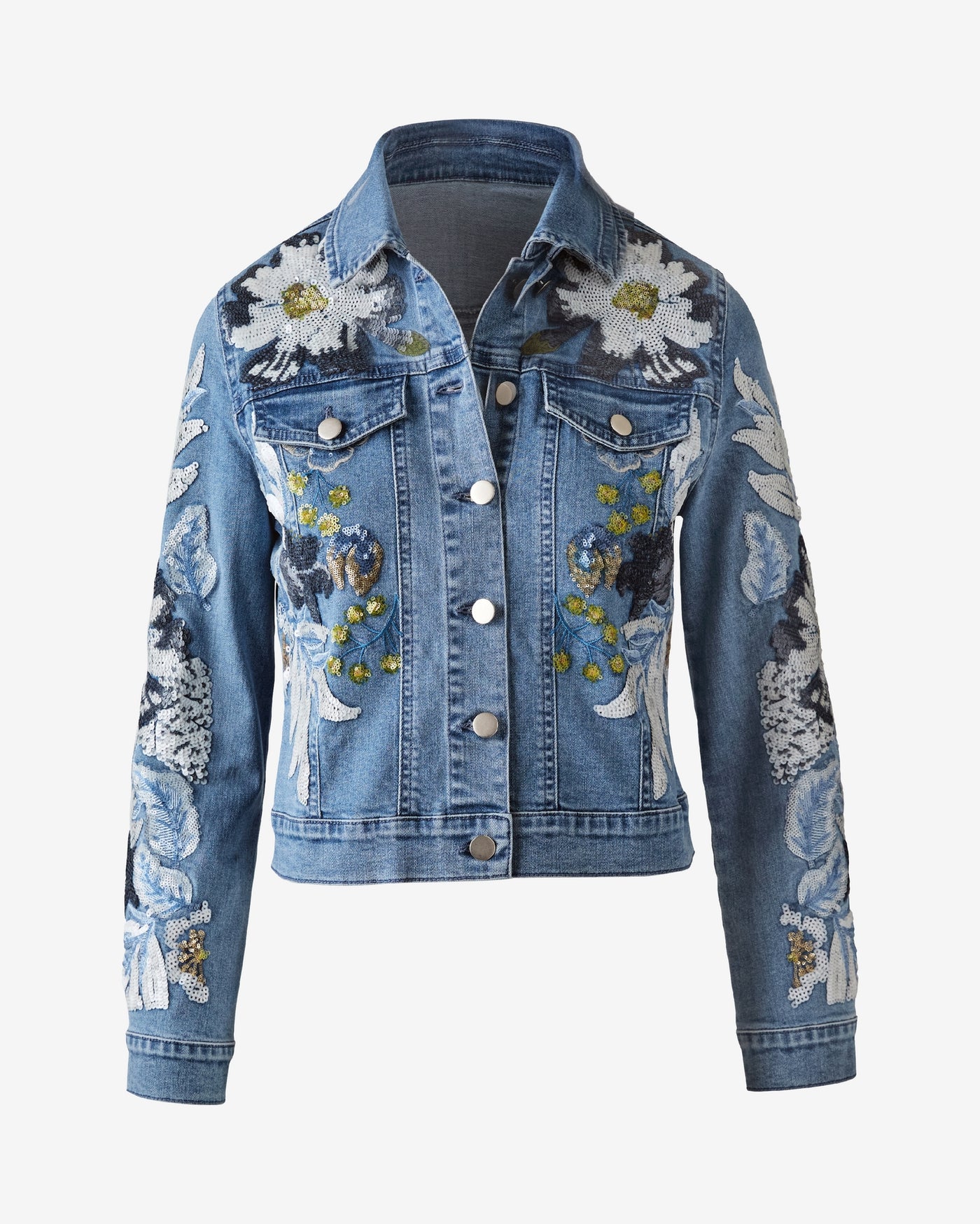 Floral Sequin Embellished Denim Jacket Medium Wash