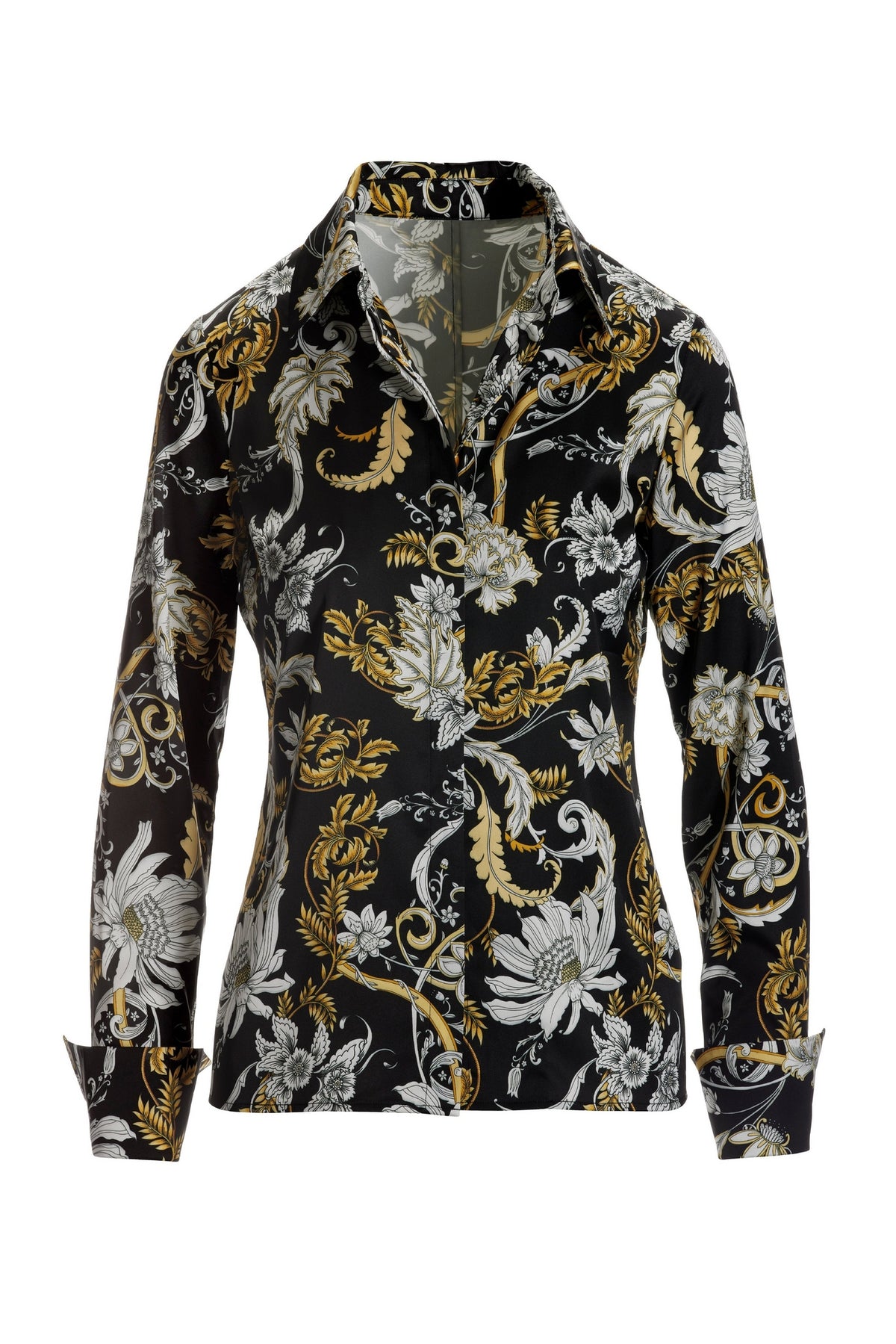 Romantic Status Print Sophia Button Up Charmeuse Blouse Black/Gold