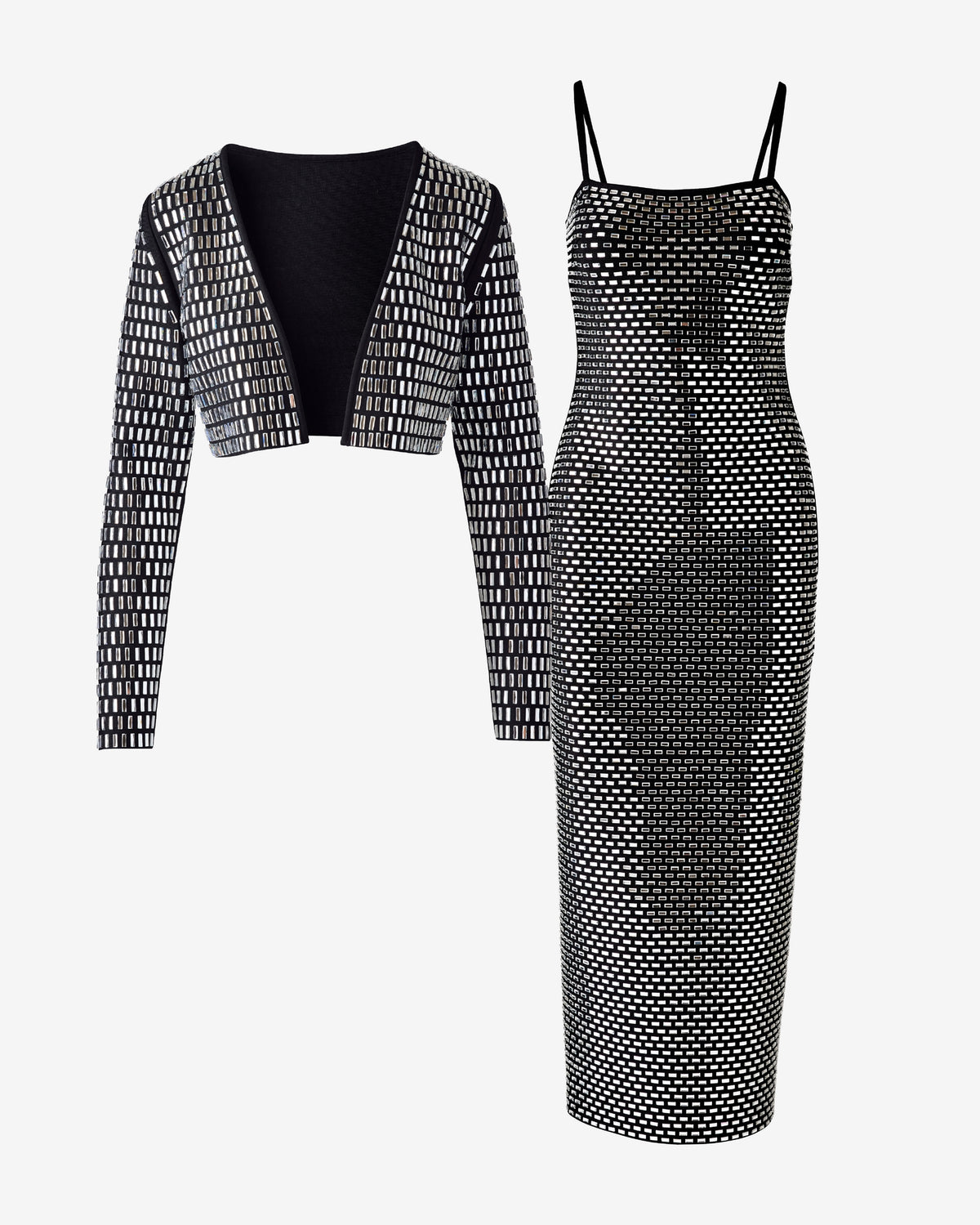 All Over Rhinestone Bandage Dress and Sweater Set Black