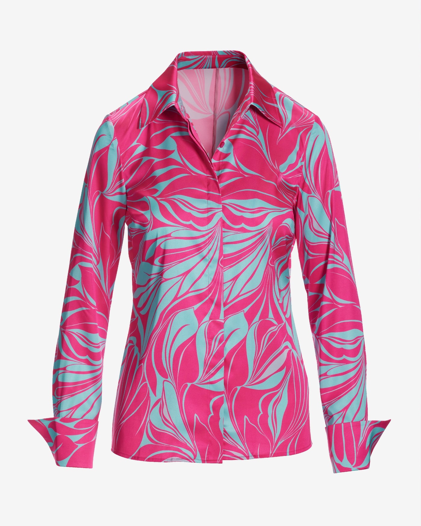 Sirena Abstract Print Sophia Button Up Charmeuse Blouse Blue/Pink