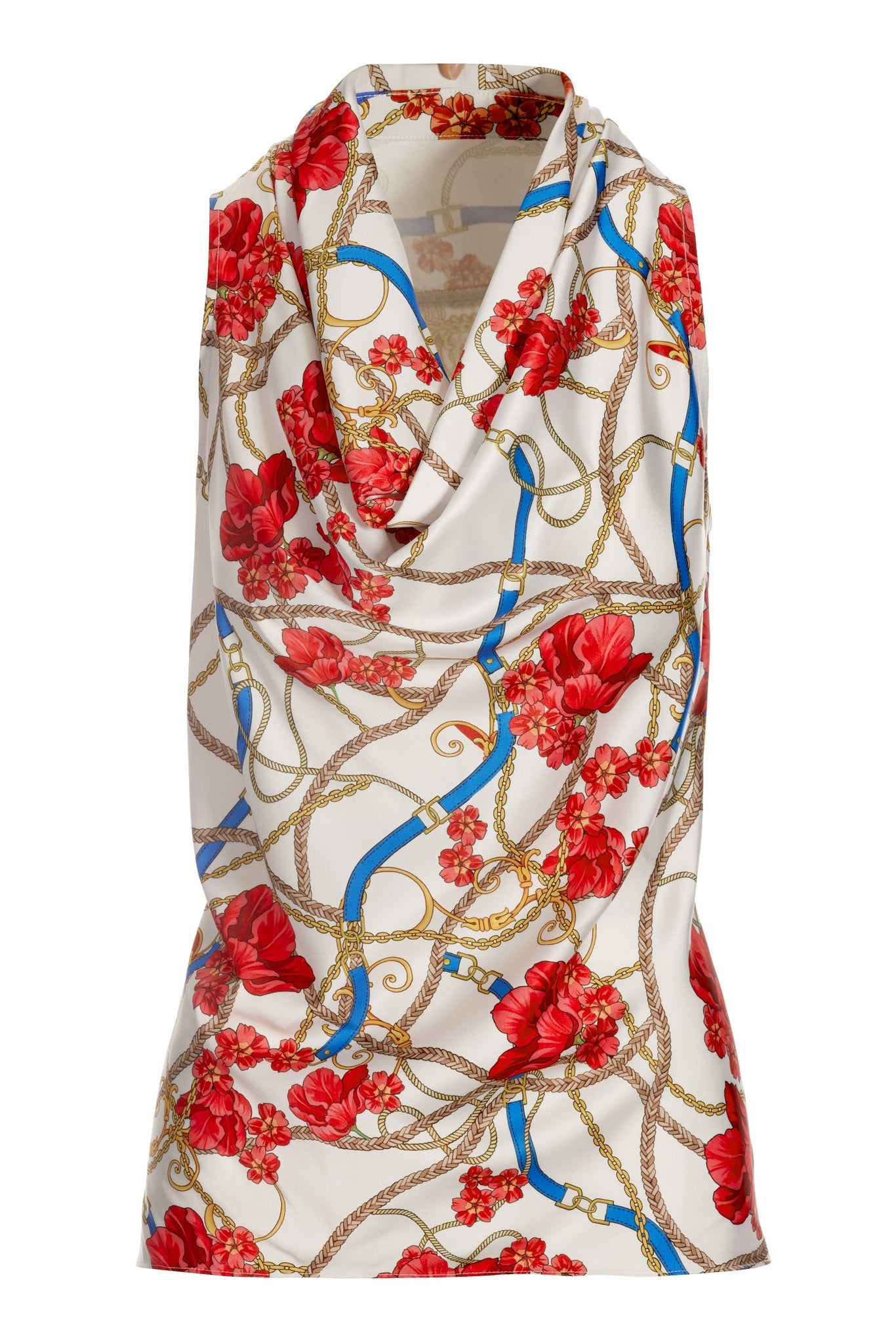 Floral Status Print Marilyn Cowl Neck Charmeuse Blouse Red Multi