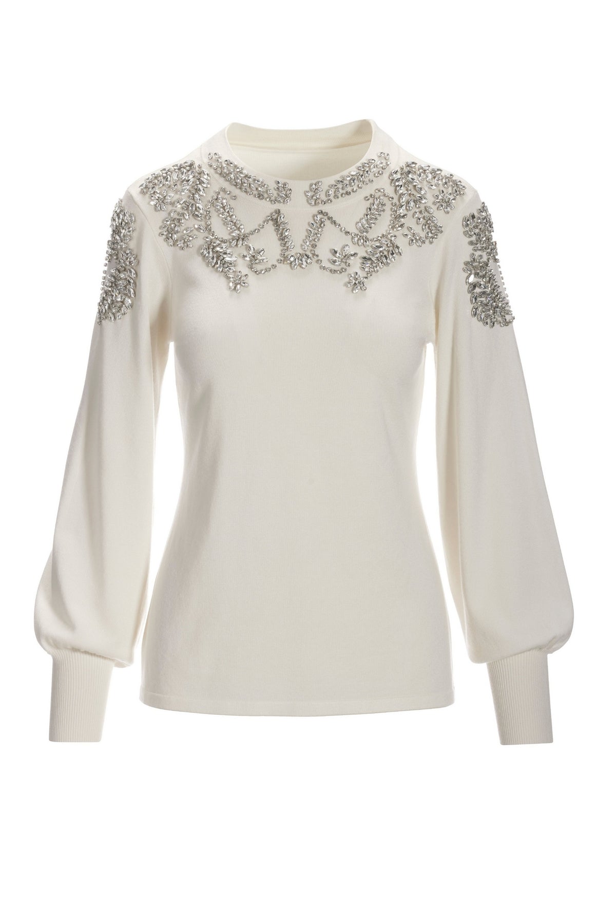 Jeweled Embellished Mock-Neck Sweater Off White