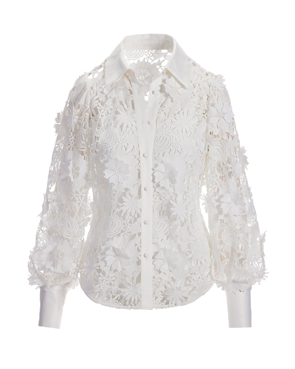 3D Floral Lace Victoria Chic Drama-Sleeve Shirt White