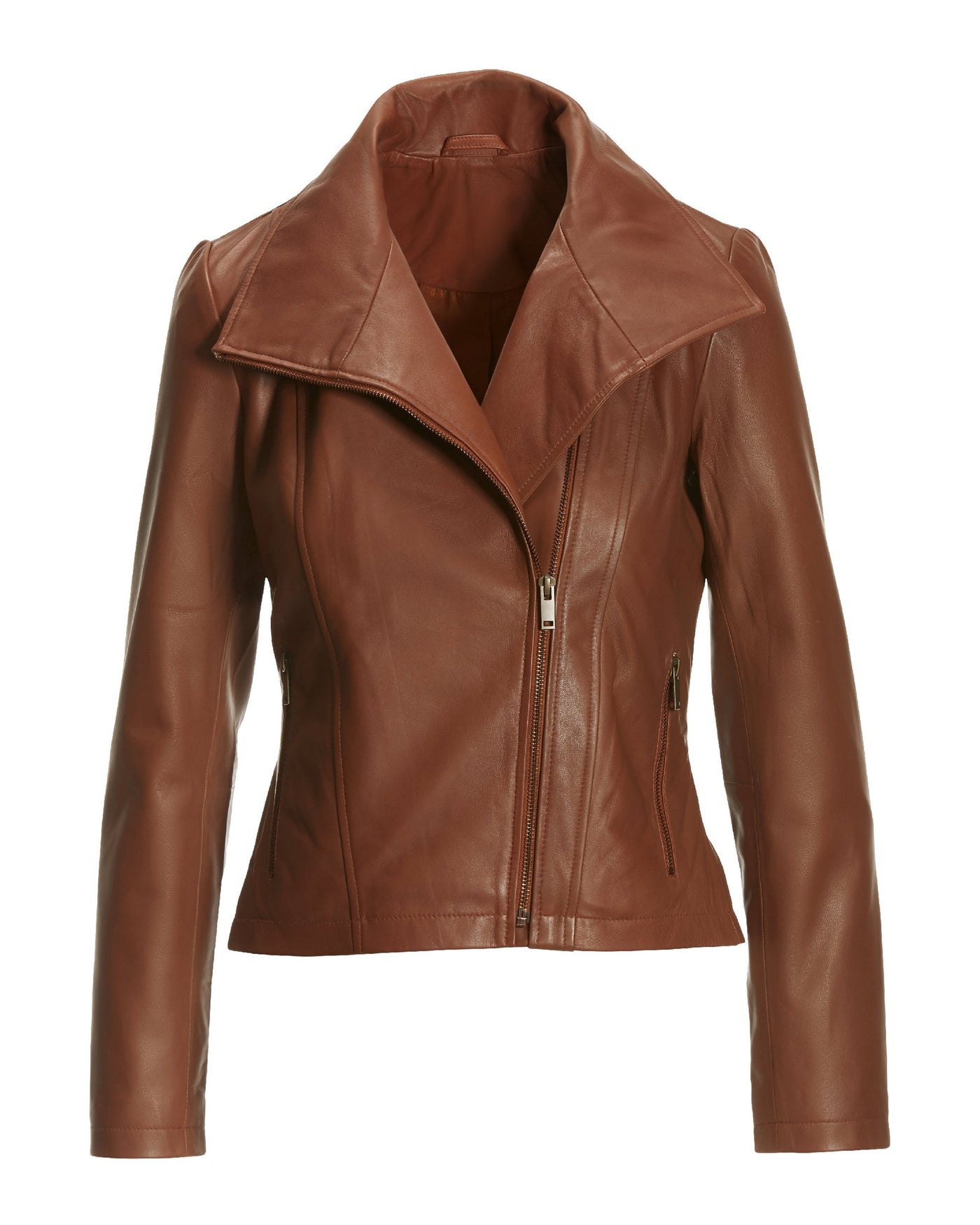 Leather Collared Moto Jacket Cognac