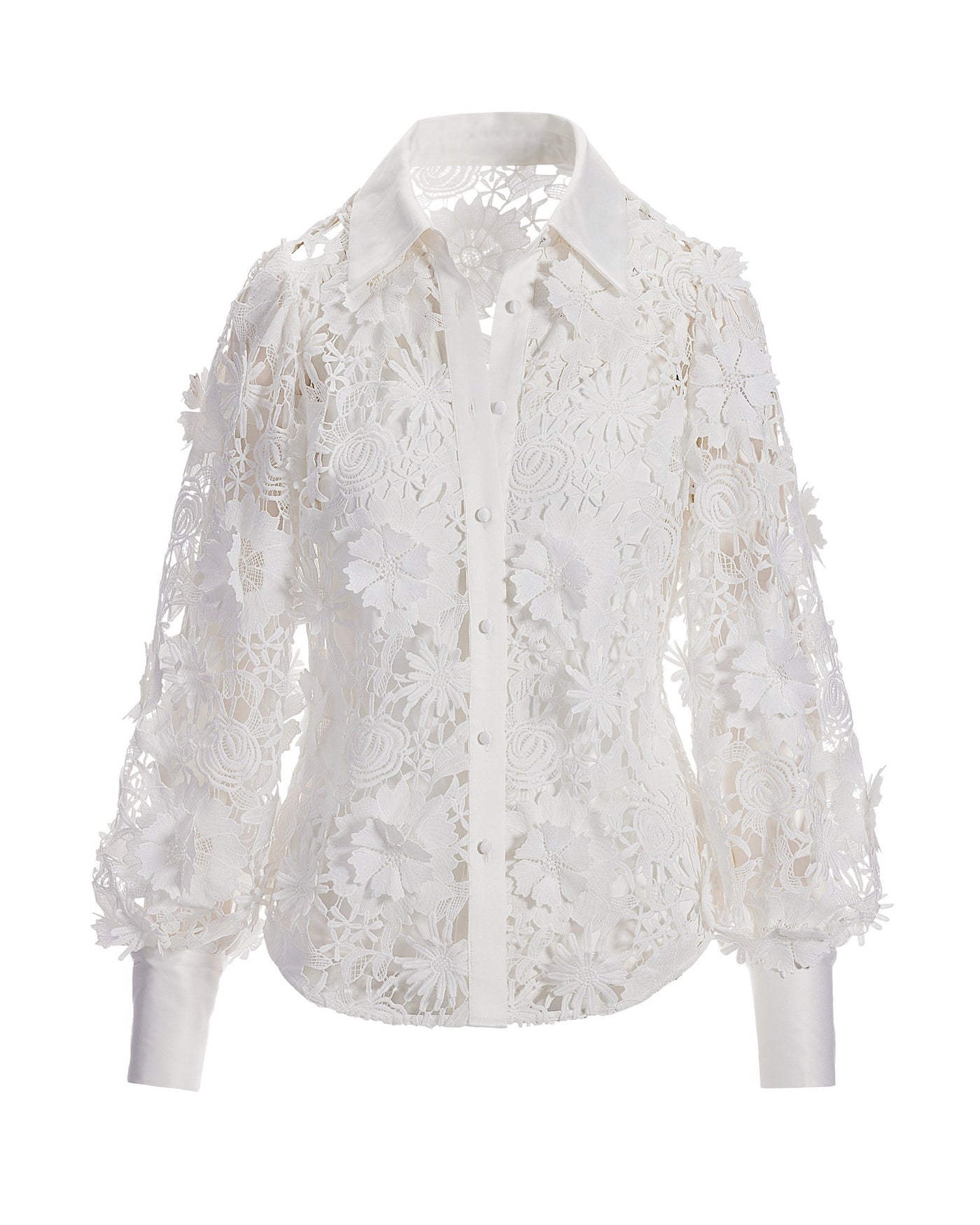 3D Floral Lace Victoria Chic Drama-Sleeve Shirt White