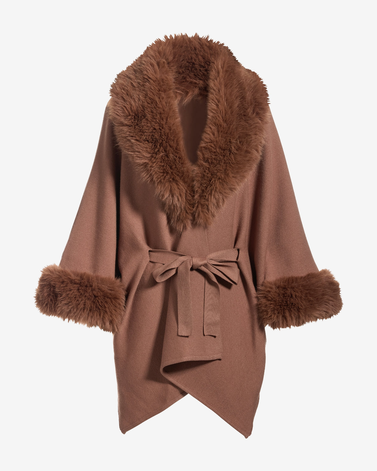 Faux Fur Tie Waist Poncho Toffee