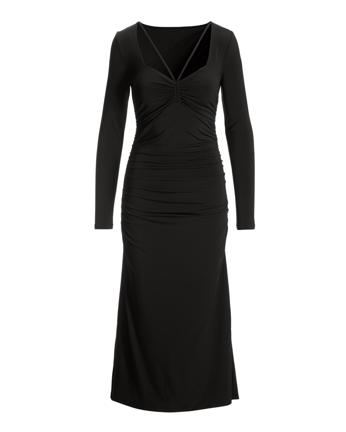 Strappy Knit Long-Sleeve Midi Dress Black