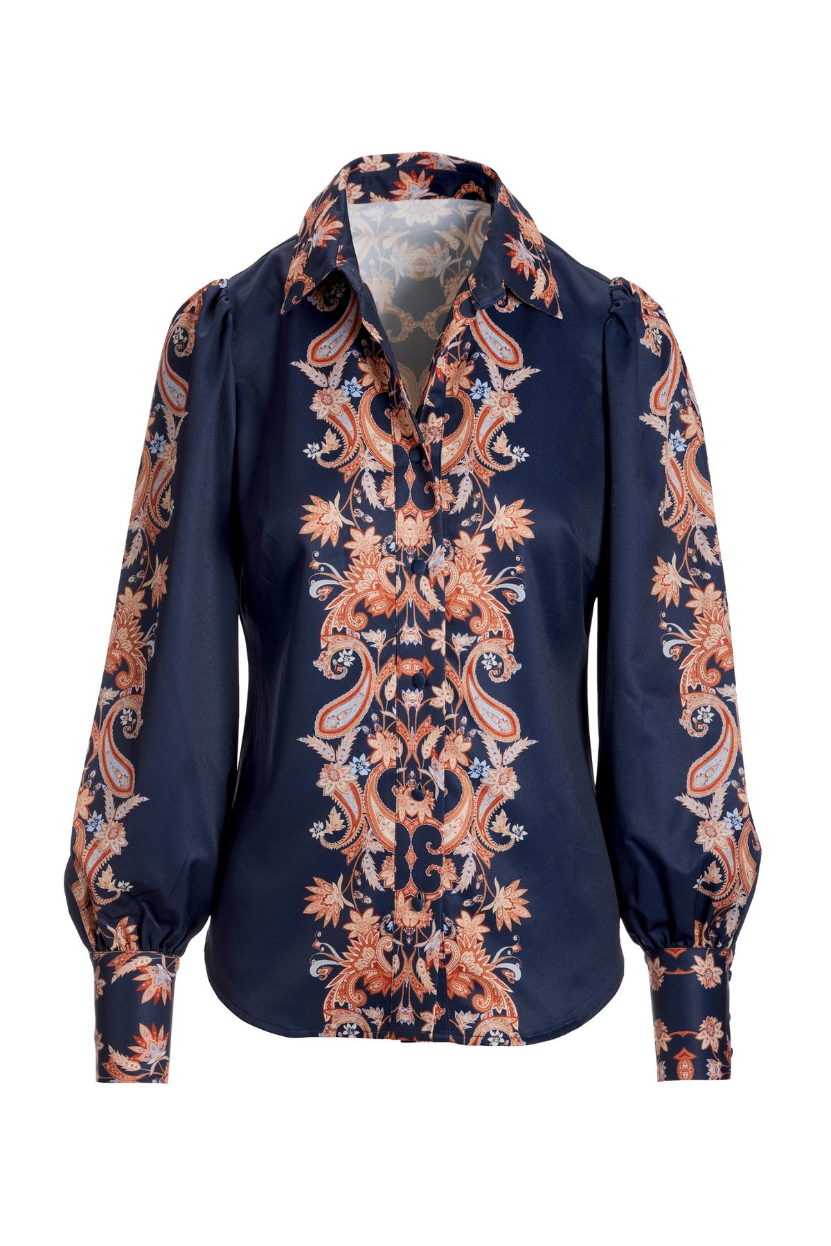 Paisley Scroll Print Victoria Chic Drama Sleeve Shirt Navy