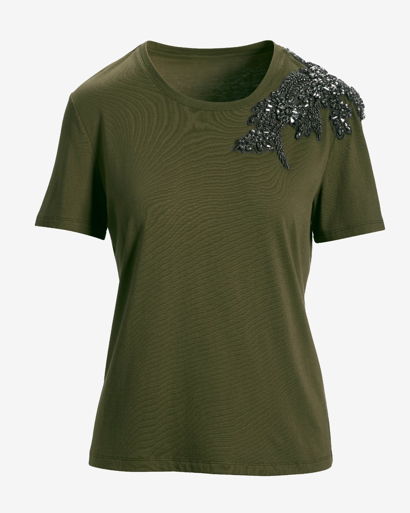 Floral Embellished Short Sleeve Tee Shirt Olive Night