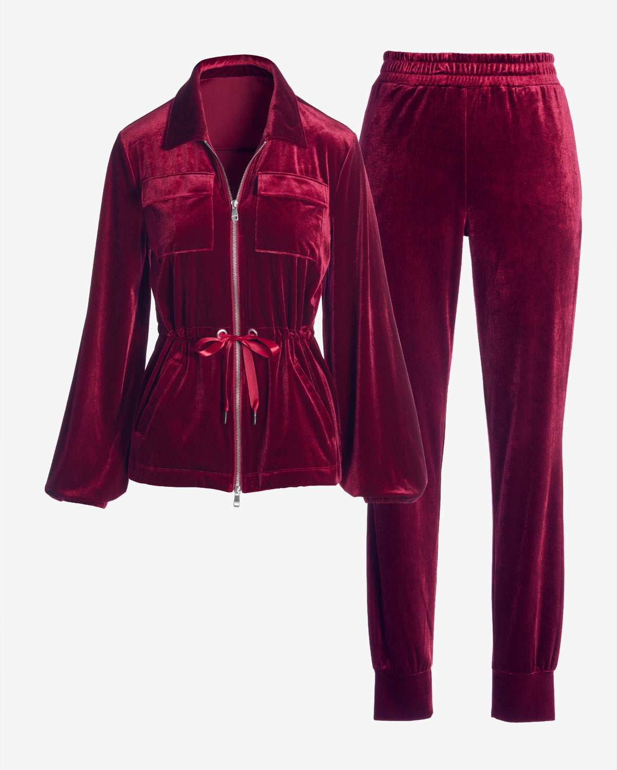 Chic Velour Drawstring Jacket and Jogger Set Burgundy