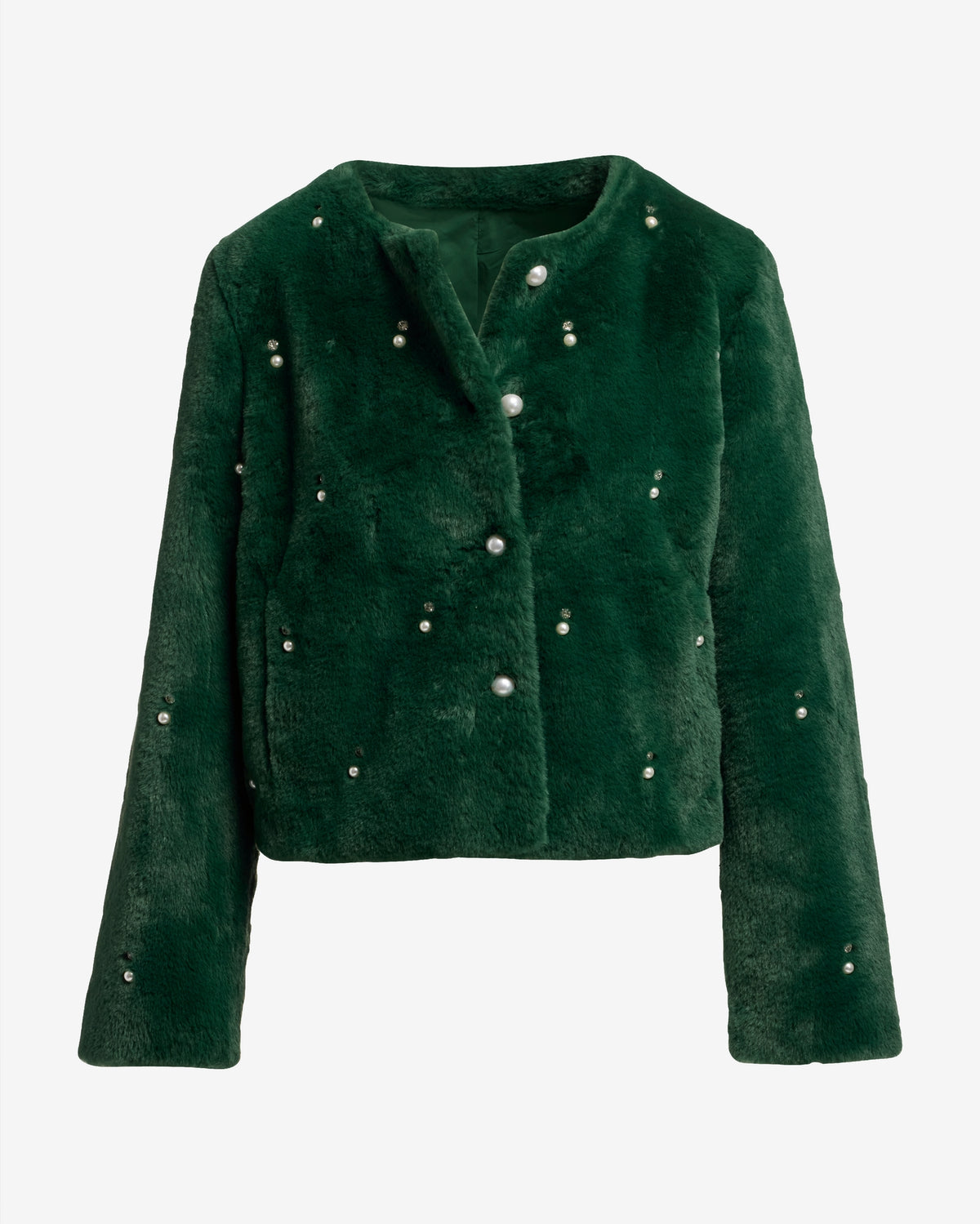 Pearl Embellished Faux Fur Collarless Chubby Emerald