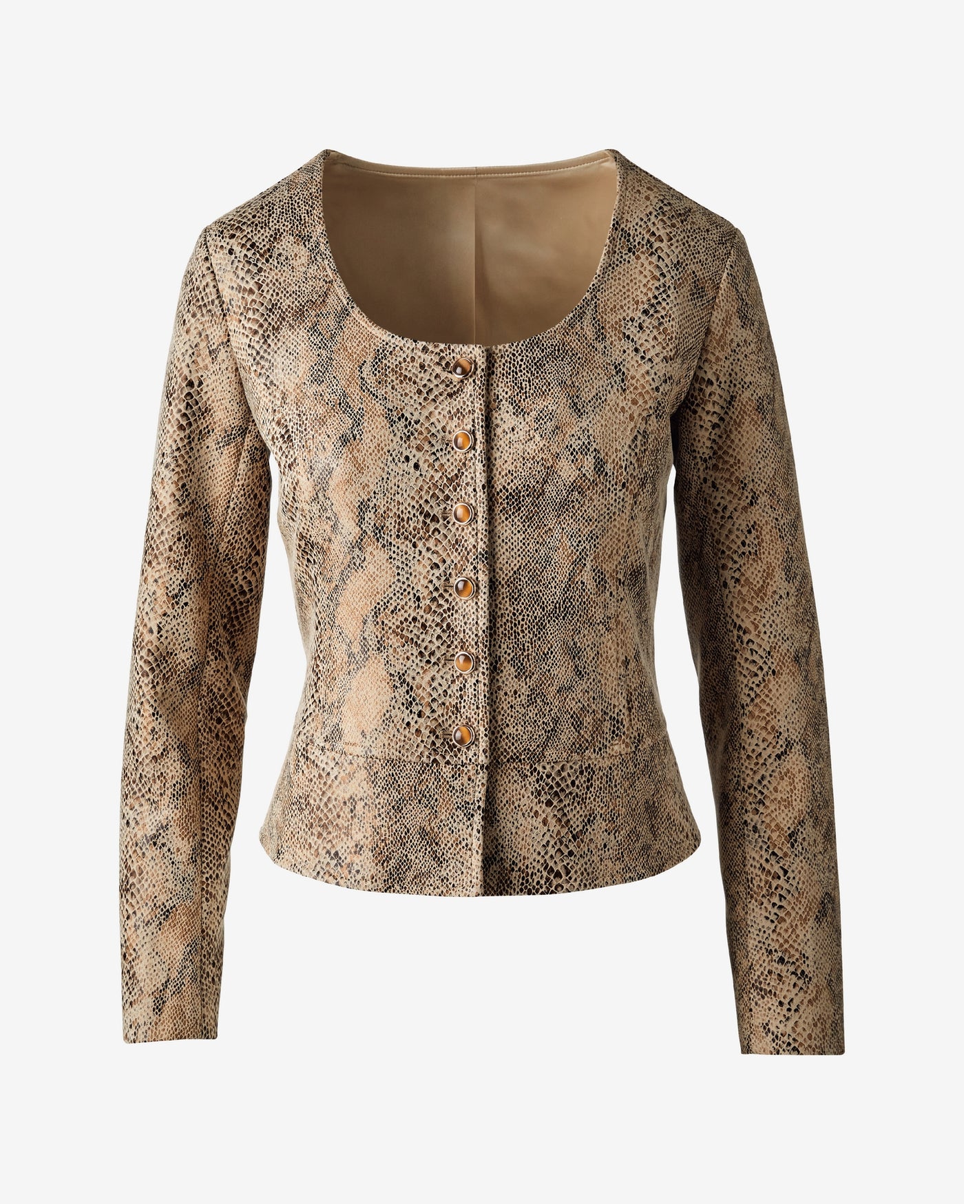 Snake Faux Suede Tiger Eye Button Front Scoop-neck Jacket Neutral multi