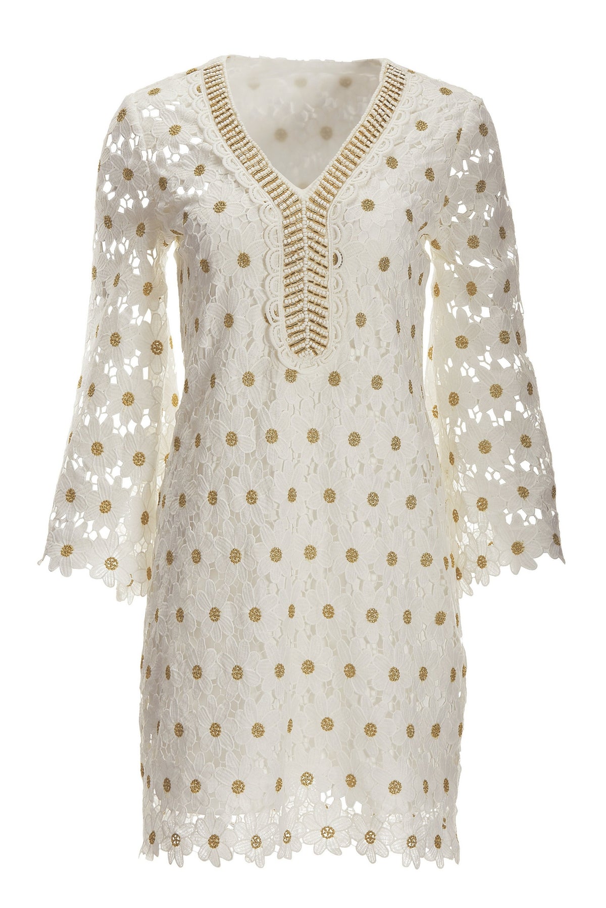 Beaded Floral Lace Shift Dress White Multi