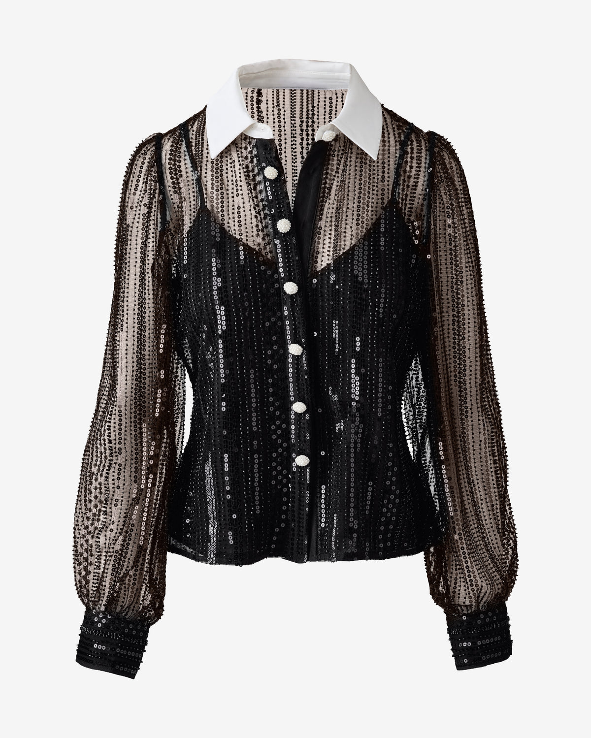 Mixed Media Variegated Sequin Collared Shirt Black/Off White