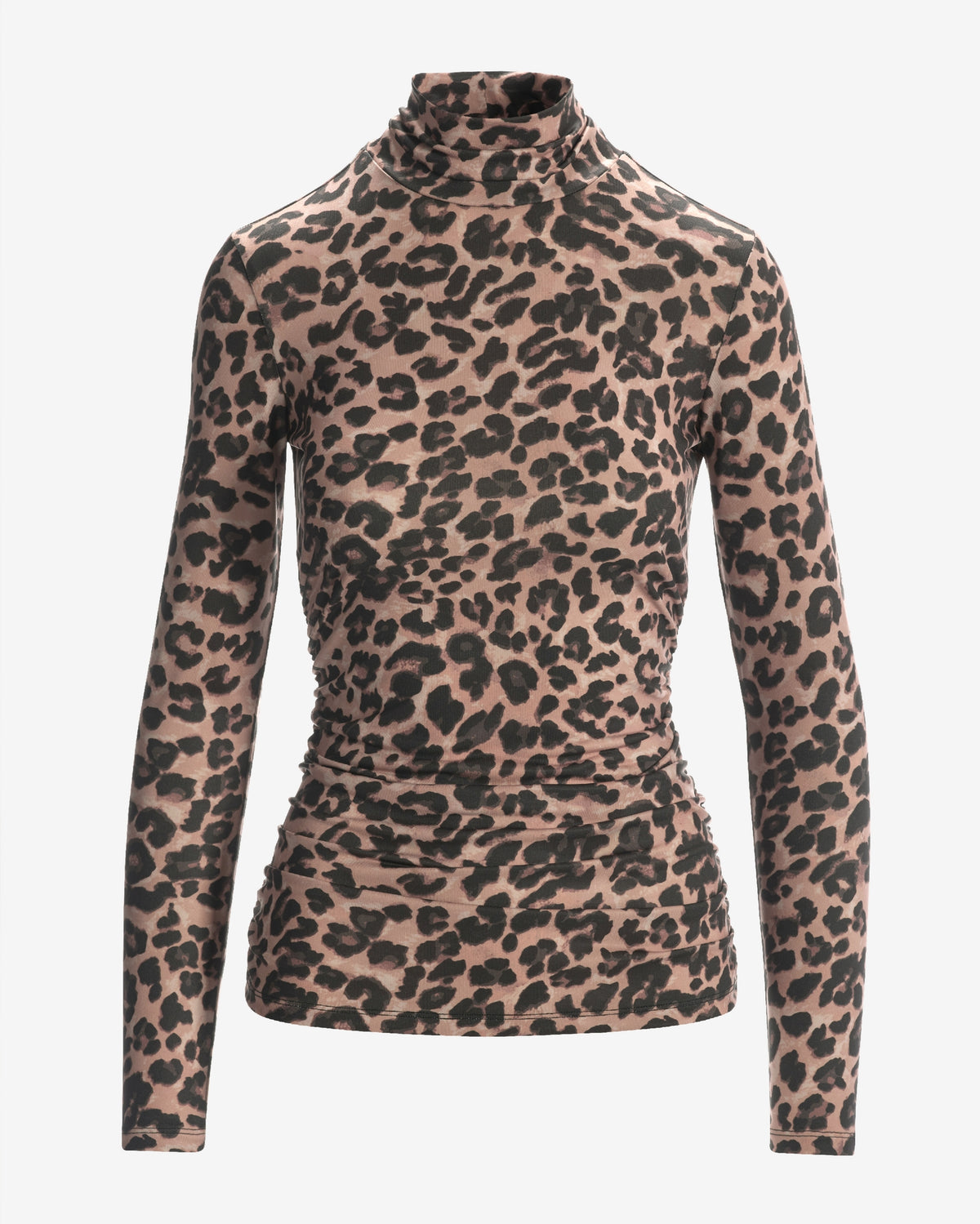 So Chic Winter Cheetah Ruched Turtleneck Top Brown