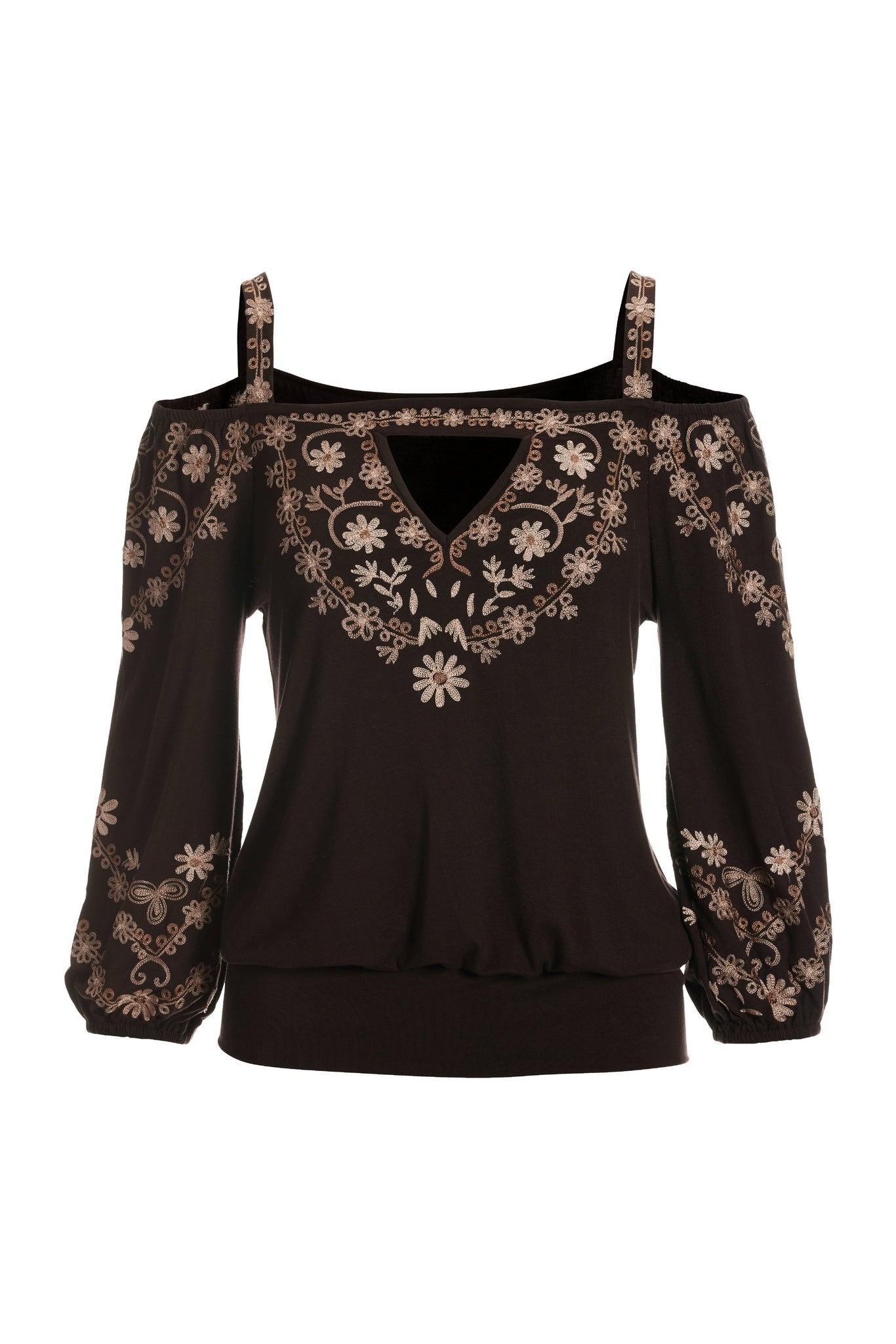Embroidered Cold Shoulder Blouson Brown Multi
