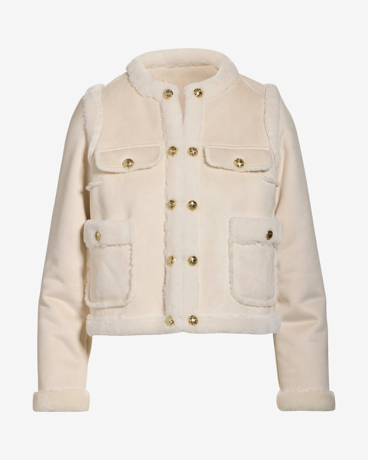 Fur Trim Faux Suede Lady Coat Off White