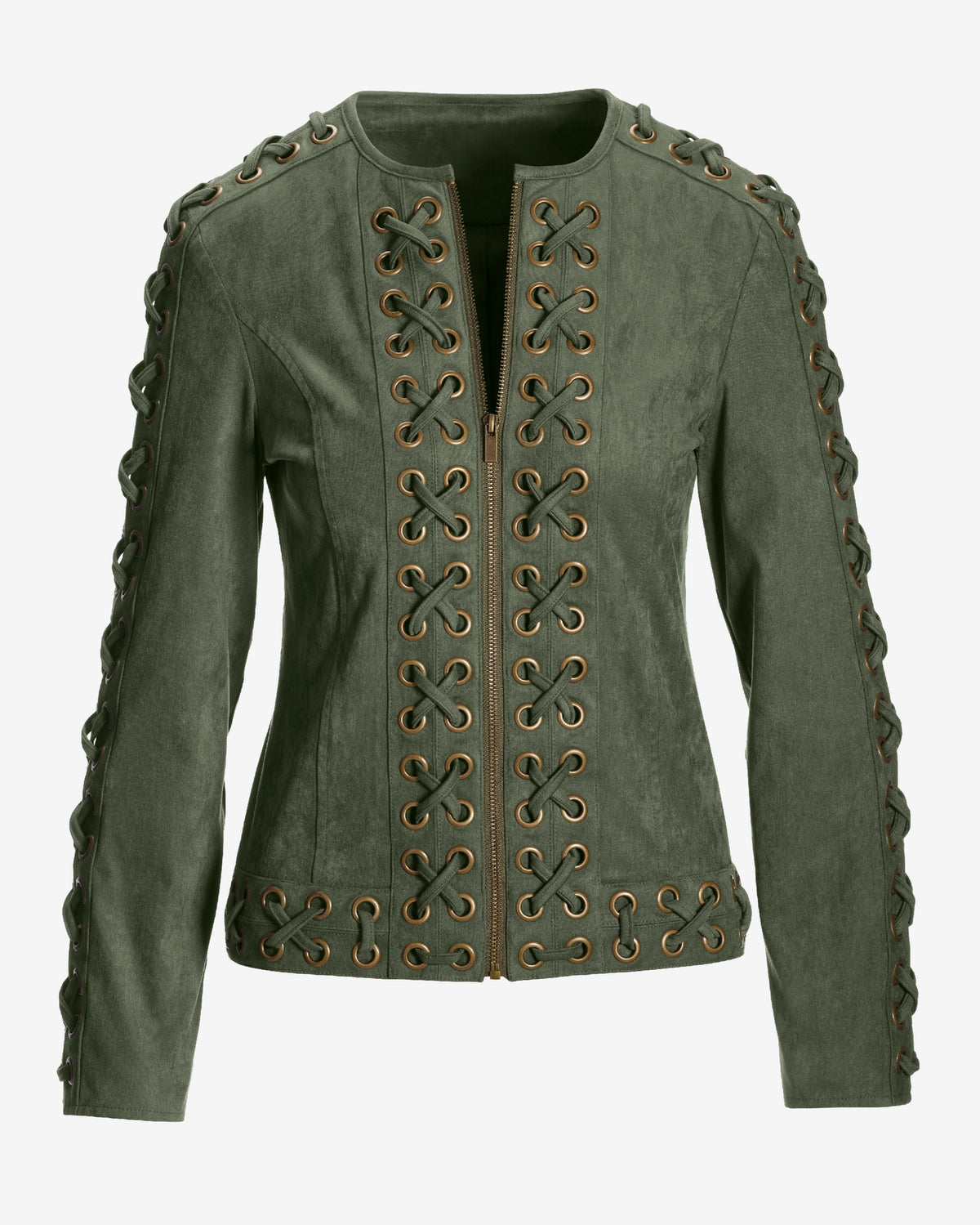 Faux Suede Grommet Lace-Up Jacket Olive