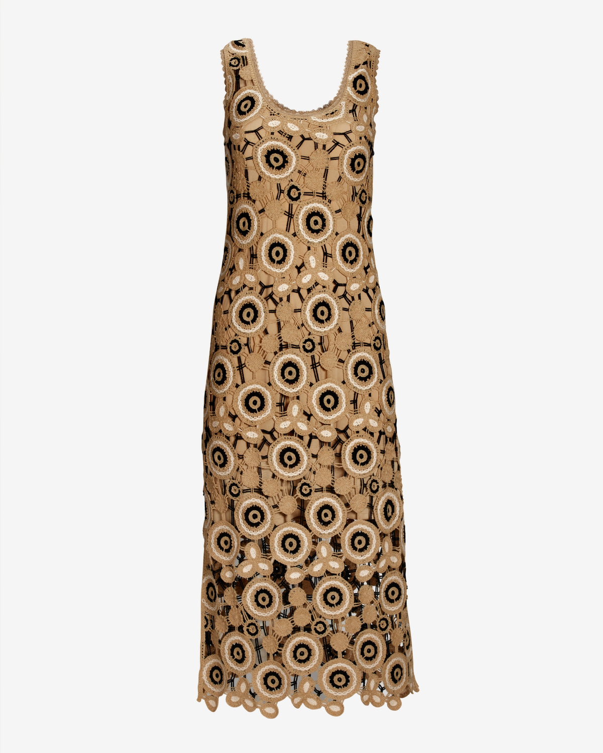 Multicolor Crochet Tank Ankle Length Dress Tan/Black